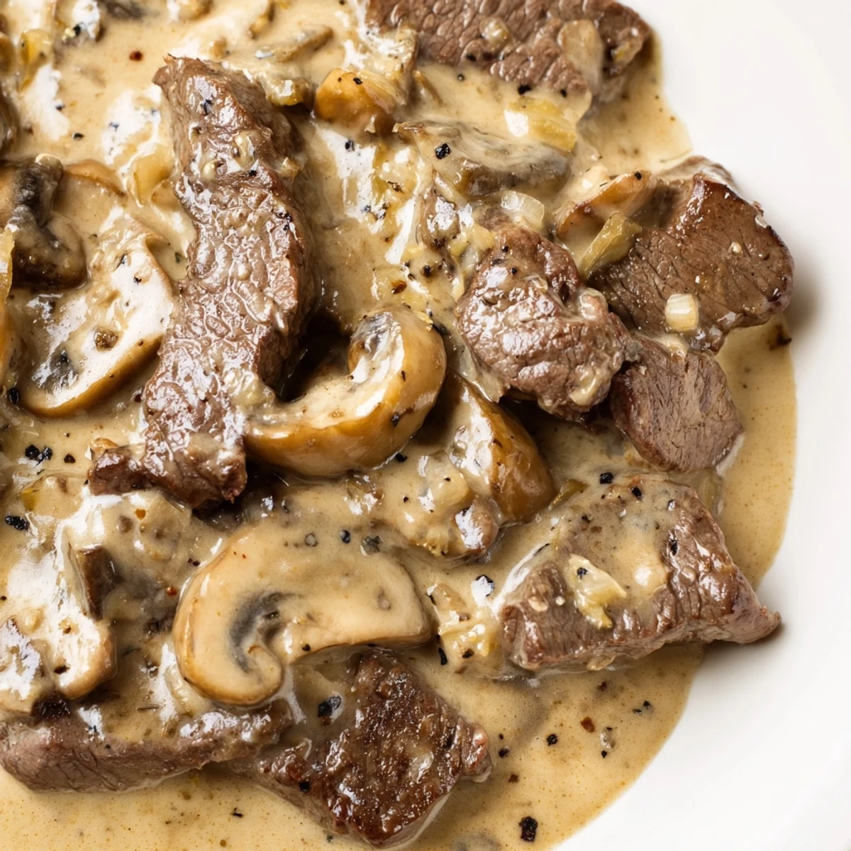 Golden-brown beef strips and sliced mushrooms swim in a creamy brown gravy, served over egg noodles in a white bowl.