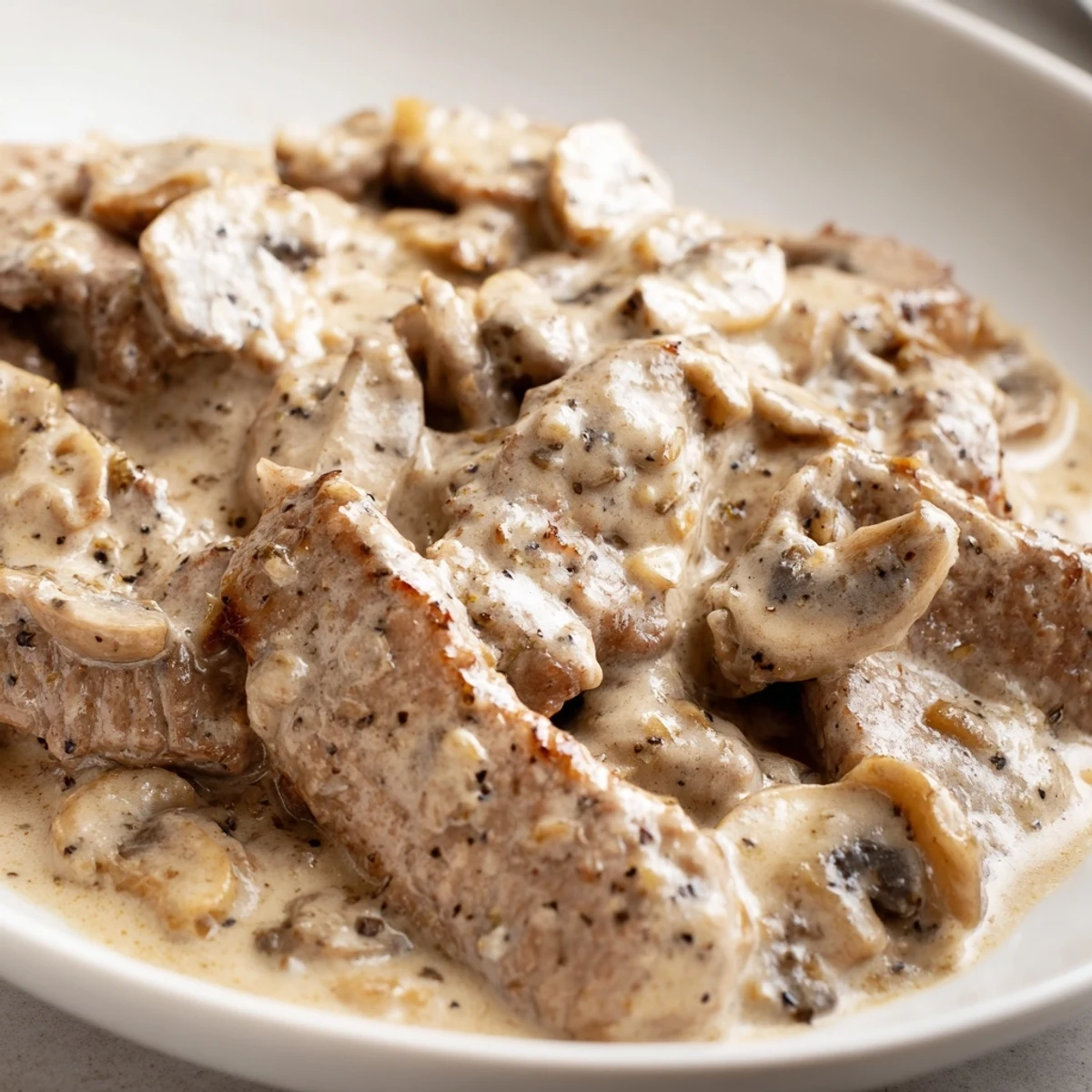 Fresh chopped parsley sprinkles the rich Beef Stroganoff with Mushroom Gravy, ladled over steaming egg noodles on a rustic table.