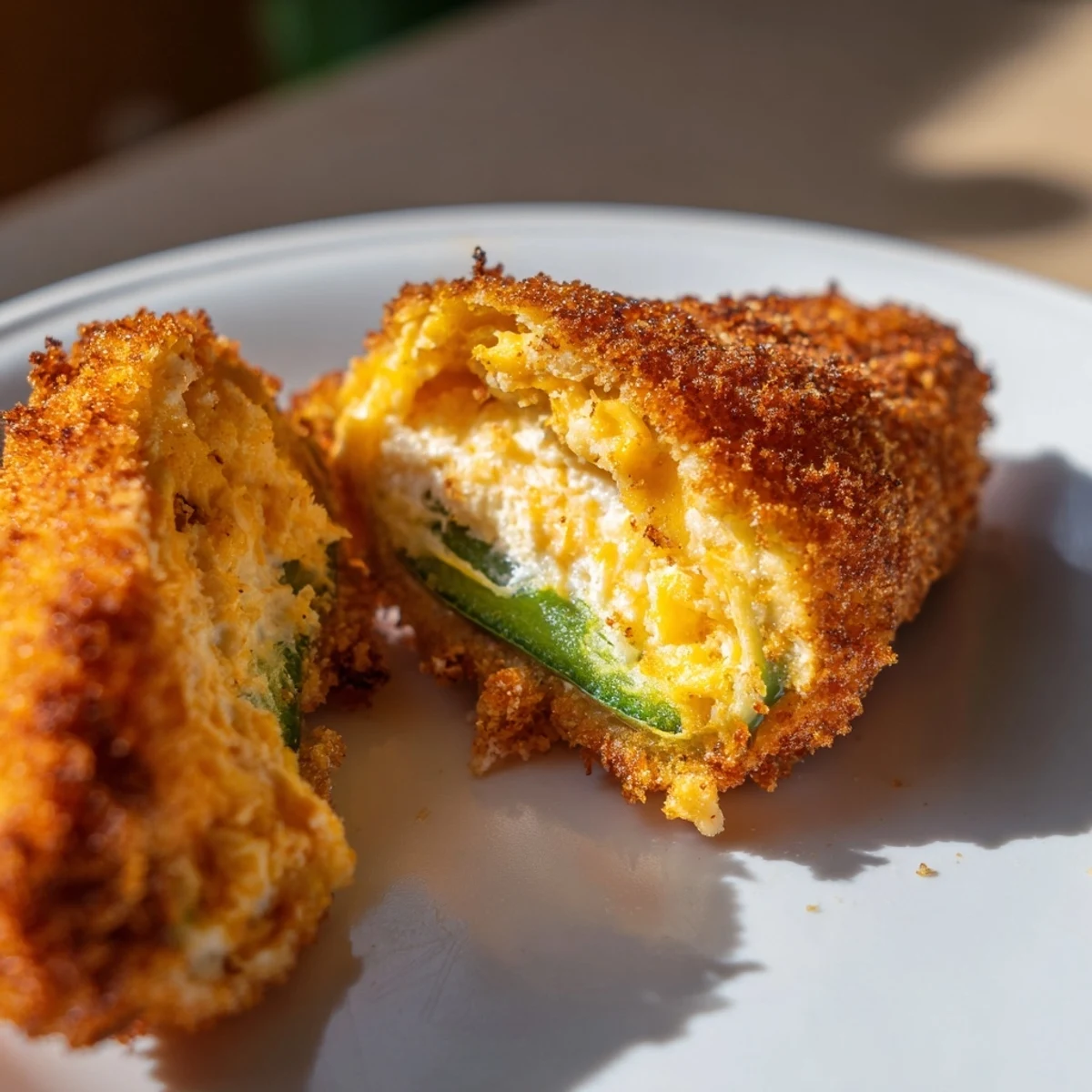 Freshly fried Spicy Jalapeño Poppers with Cream Cheese show their melty, spicy filling inside.