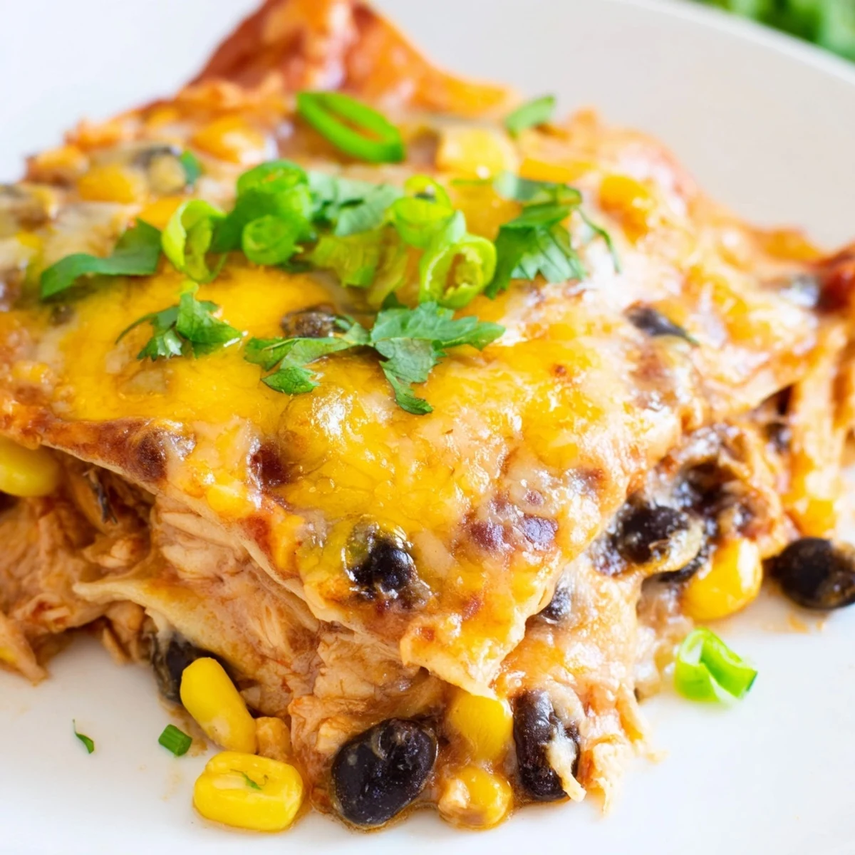Golden, bubbly Monterey Jack and cheddar cheese melts over layers of shredded chicken and red sauce in this Chicken Enchilada Casserole.