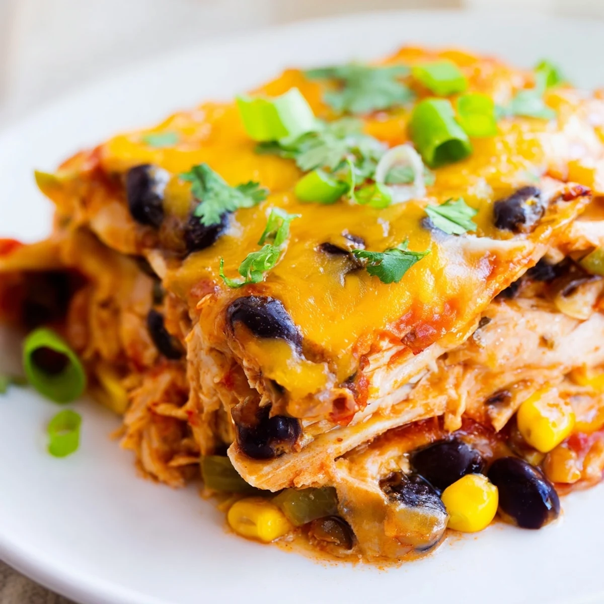 Fresh cilantro and green onions garnish this baked Chicken Enchilada Casserole, with a dollop of sour cream and melty cheese topping.