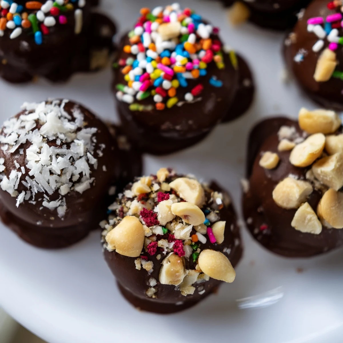 Close-up of Chocolate Covered Banana Bites, showing frozen banana rounds with a rich chocolate shell and crunchy nut toppings. 