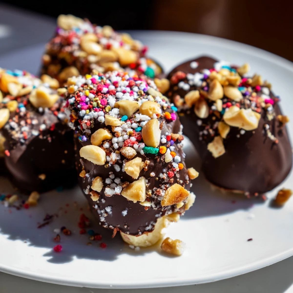 A tray of Chocolate Covered Banana Bites, garnished with shredded coconut and colorful sprinkles on a marble surface. 