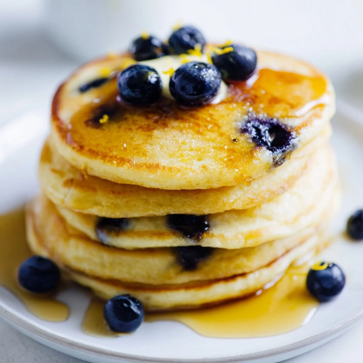 Fluffy Lemon Blueberry Pancakes with Syrup stacked high, golden-brown and steaming, with a generous maple drizzle for a cozy brunch.