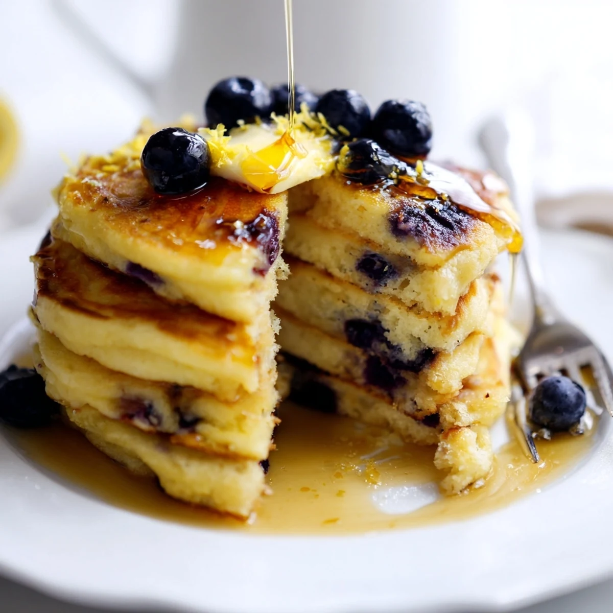 Close-up of Lemon Blueberry Pancakes with Syrup on a white plate, blueberries bursting and bright lemon zest garnish.