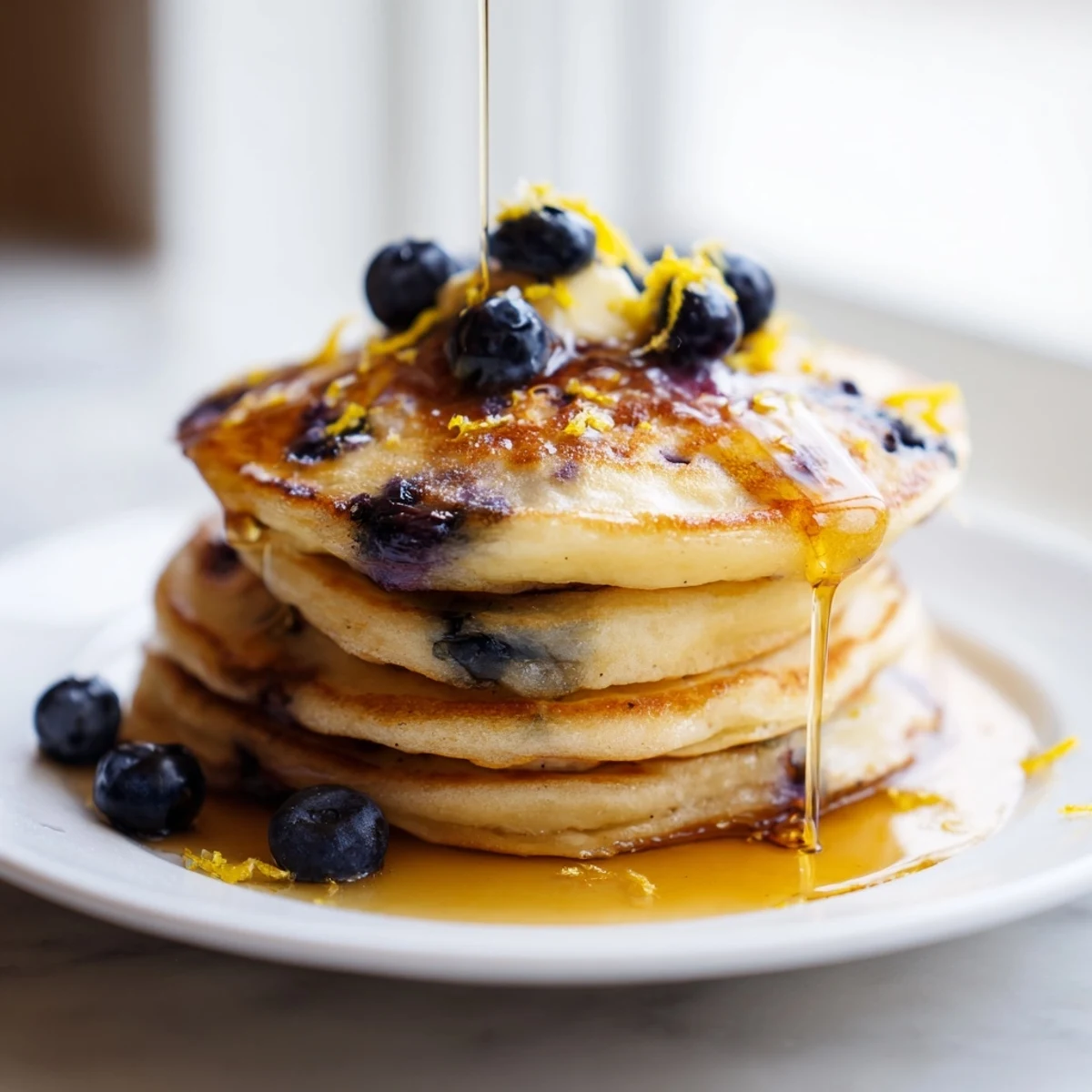 A fork lifts a bite of Lemon Blueberry Pancakes with Syrup, syrup dripping, showing tender crumb and fresh blueberries.