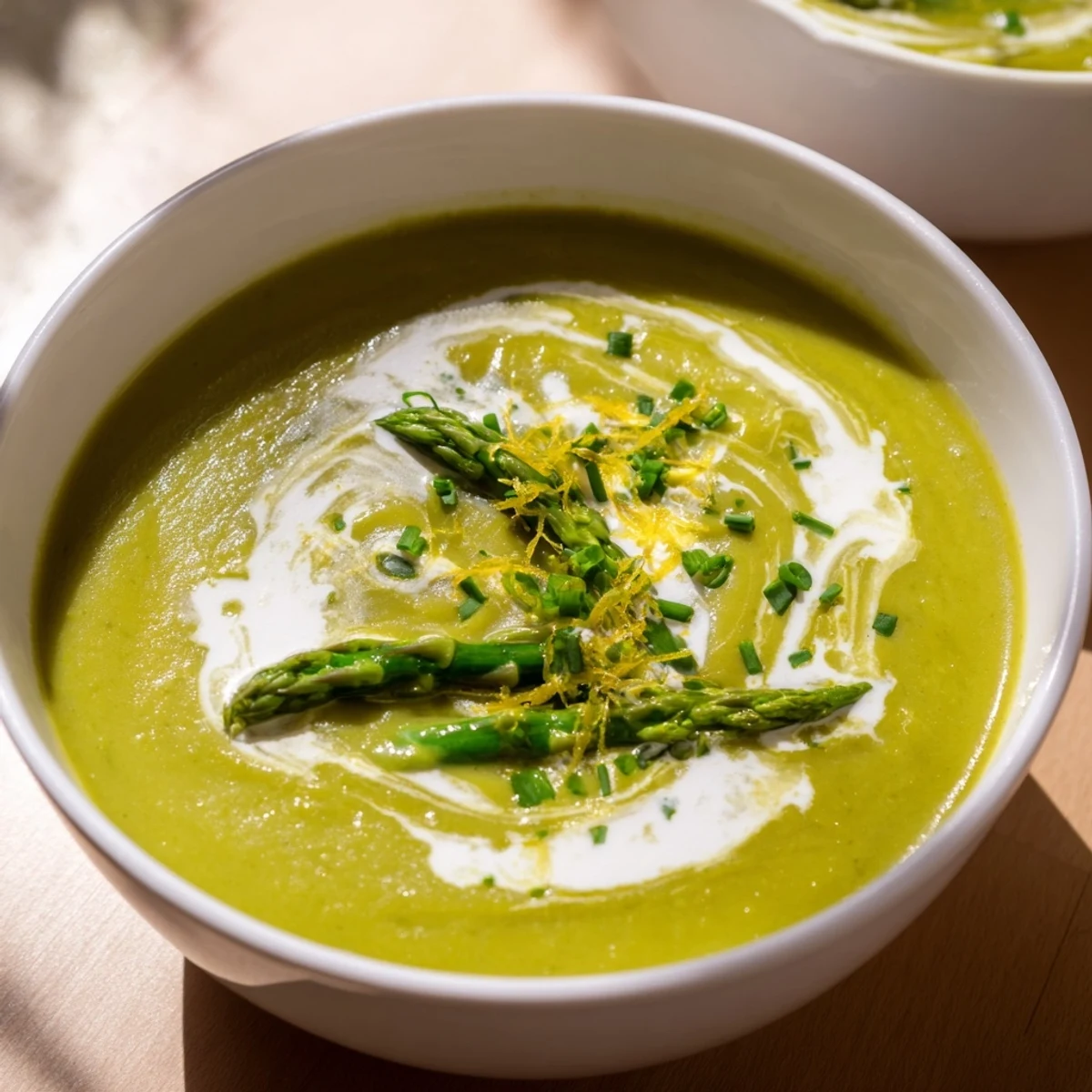 Creamy Asparagus Soup with Lemon served warm in a white bowl, garnished with asparagus tips and fresh chives.