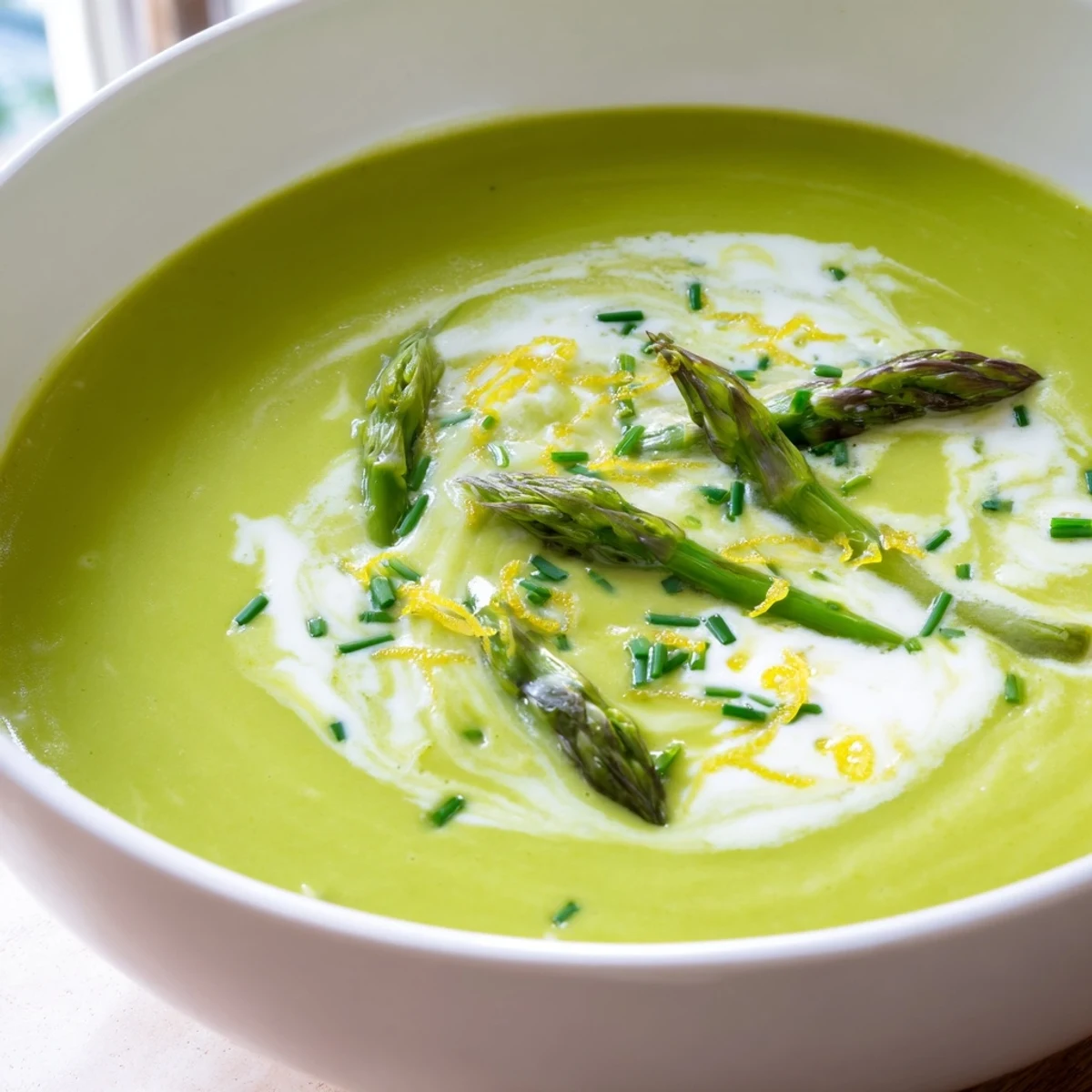 Silky green Creamy Asparagus Soup with Lemon in a rustic bowl, steam rising and a lemon wedge nearby.