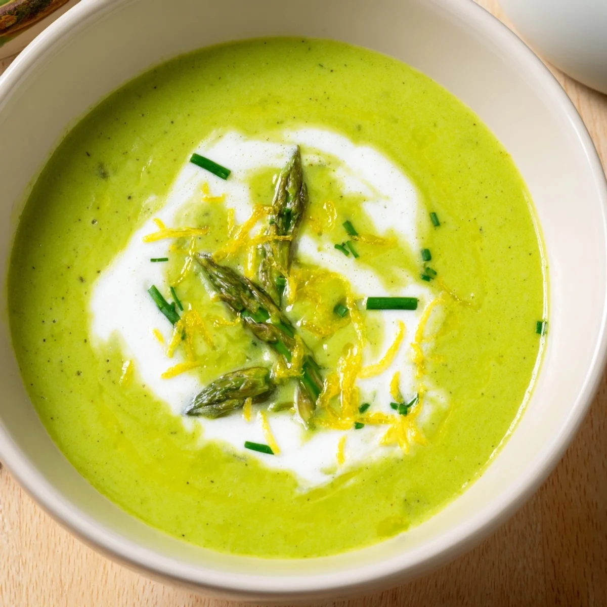 Homemade Creamy Asparagus Soup with Lemon ladled into a ceramic bowl, topped with dill and cracked pepper.