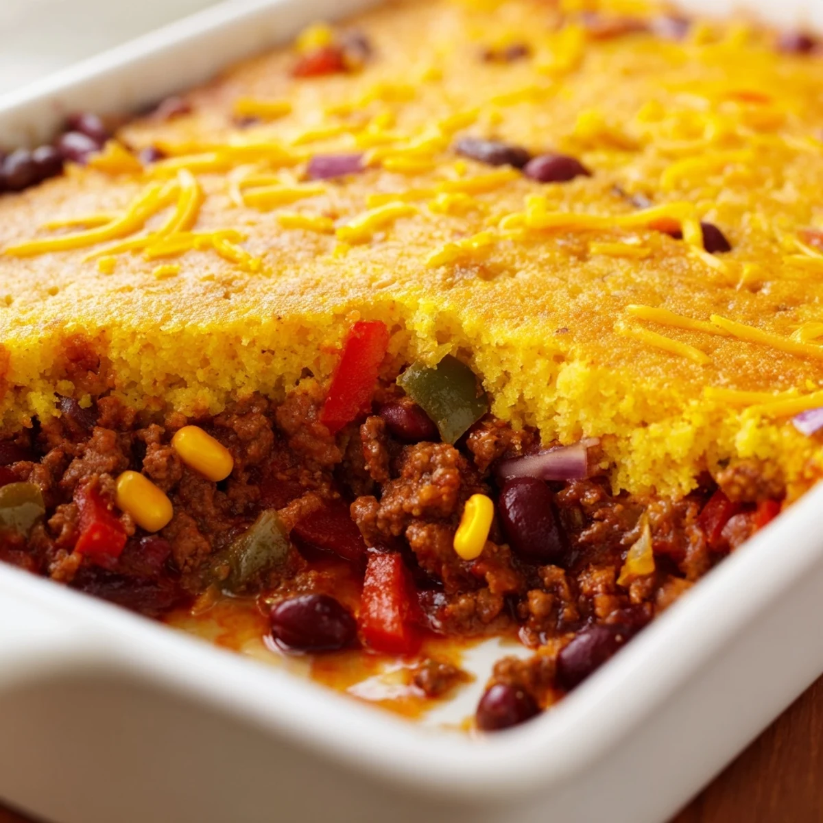 Golden, crisp cornbread crowns a bubbling pan of hearty beef chili with kidney beans, served as a comforting casserole.