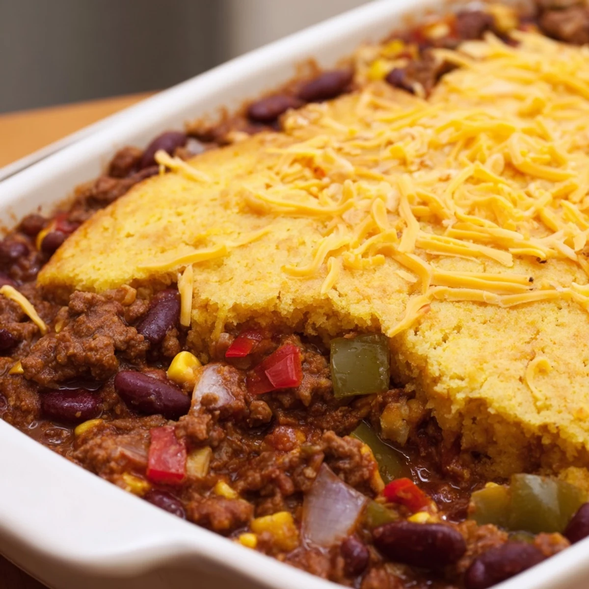 Close up on the crumbly cornbread crust over a rich beef and kidney bean chili, steaming in a baking dish.