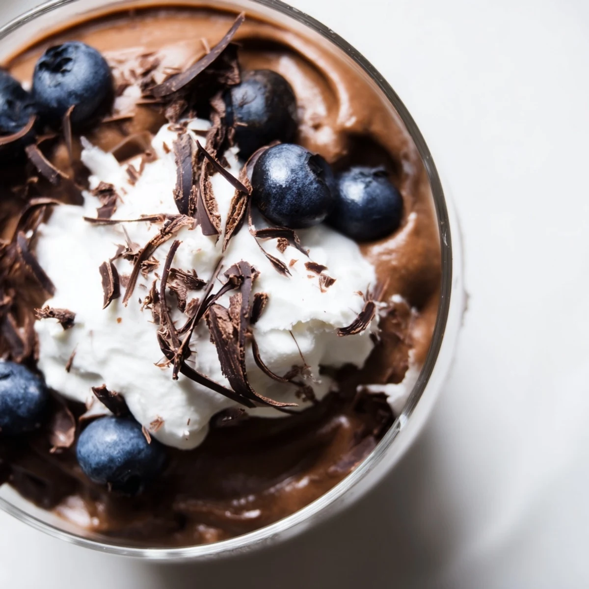 Four glasses of vegan Chocolate Avocado Mousse garnished with fresh raspberries and toasted coconut flakes.