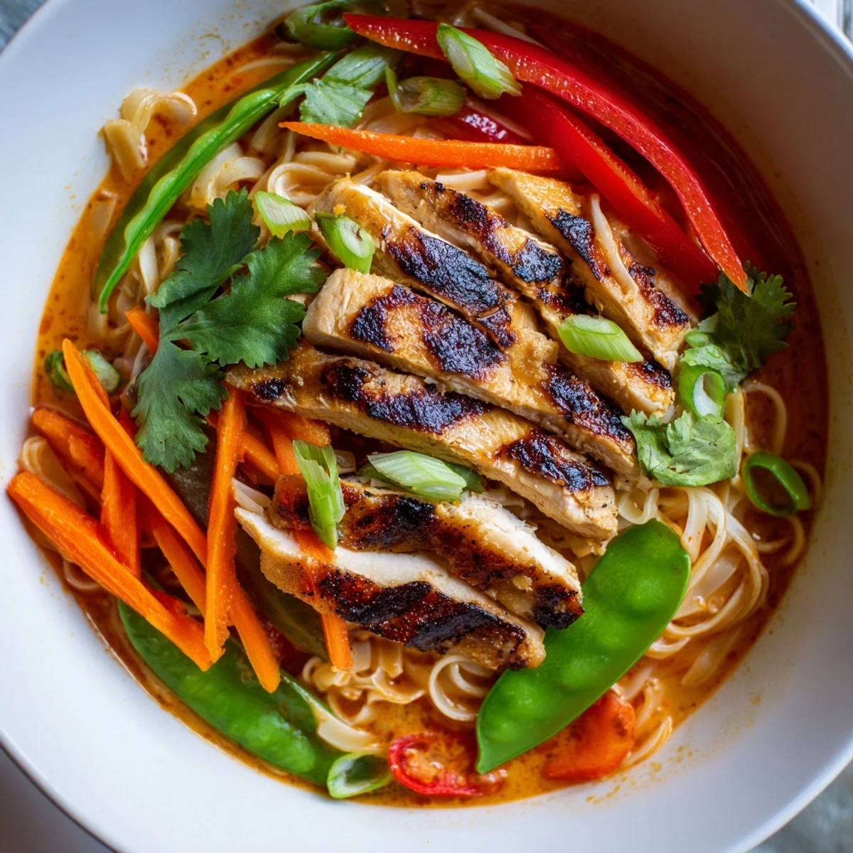 Steaming Thai Red Curry Noodle Soup with Grilled Chicken is served in a bowl with fresh garnishes.