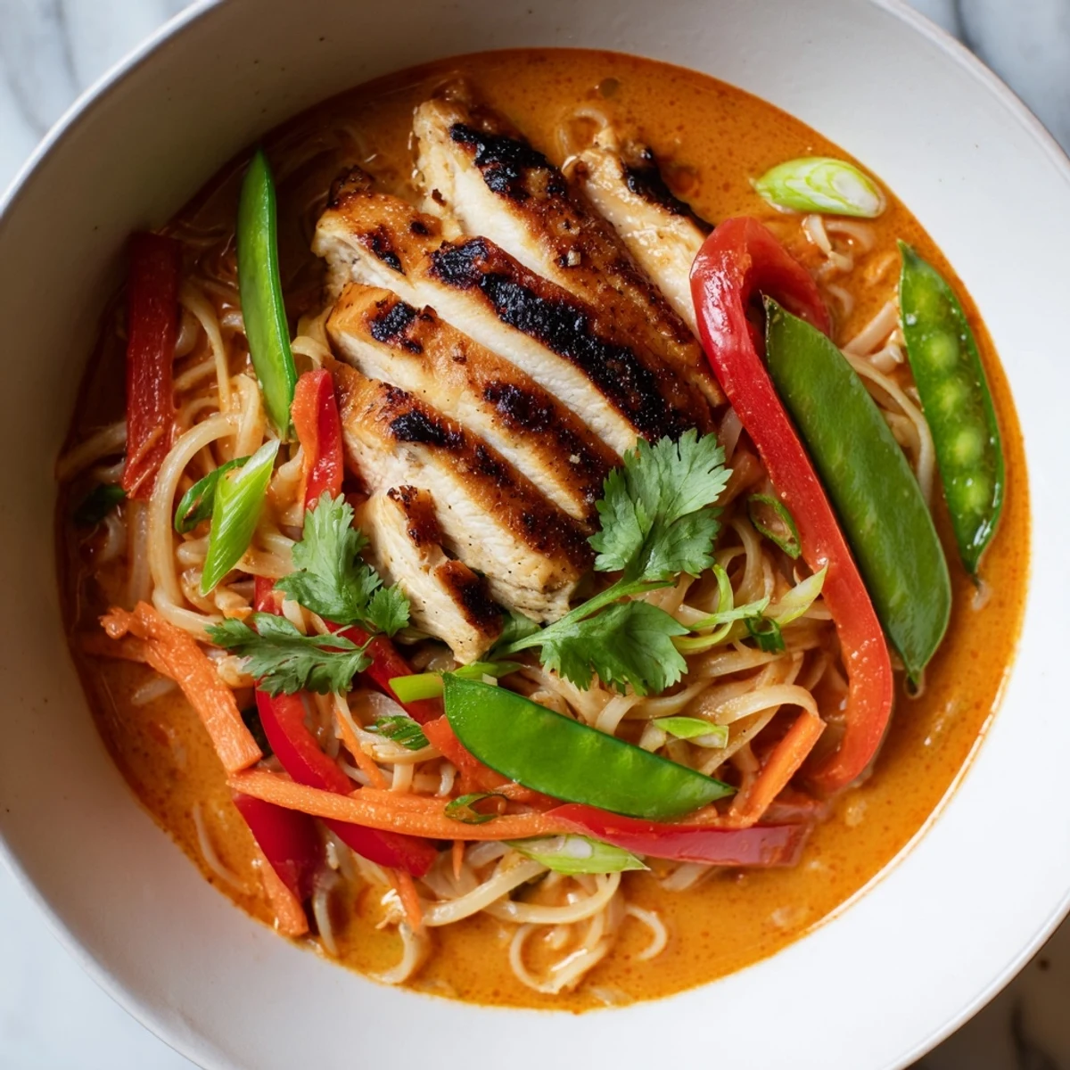 Tender grilled chicken slices and silky rice noodles rest in a vibrant red curry coconut broth.