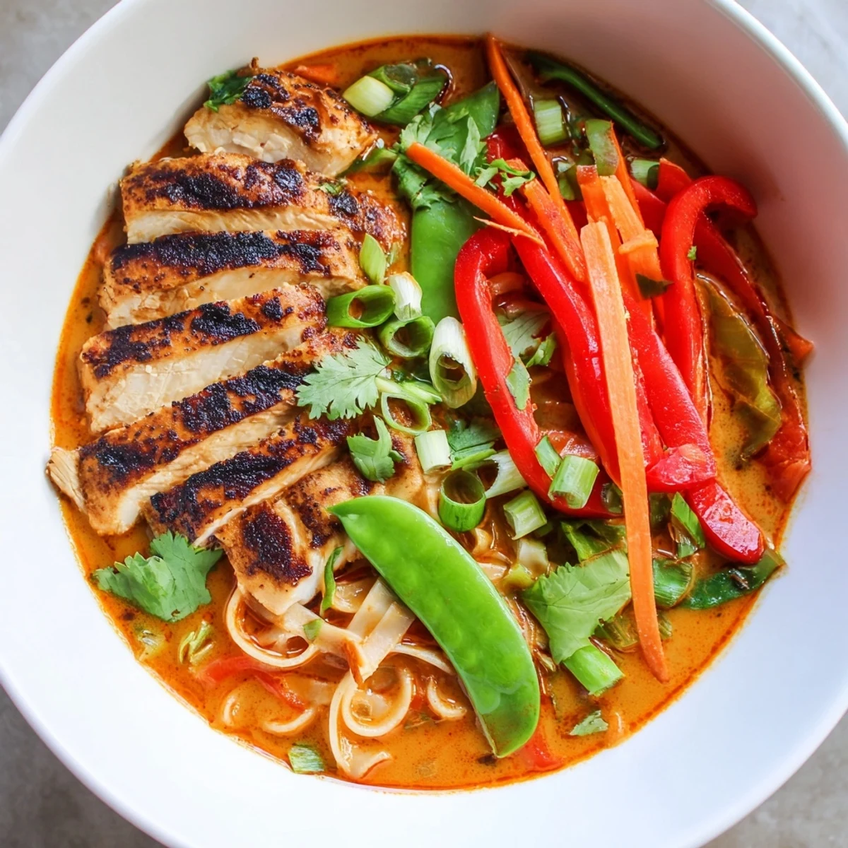 Spicy Thai Red Curry Noodle Soup features colorful veggies like red peppers, carrots, and fresh cilantro.
