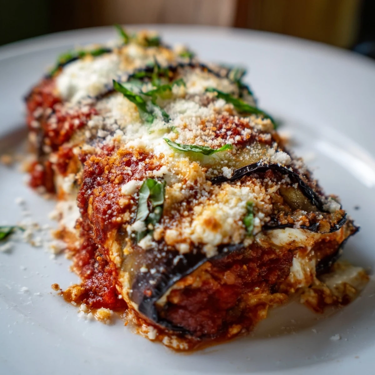 Tender roasted eggplant slices are rolled around creamy ricotta and nestled in marinara sauce for a classic Baked Eggplant Rollatini.