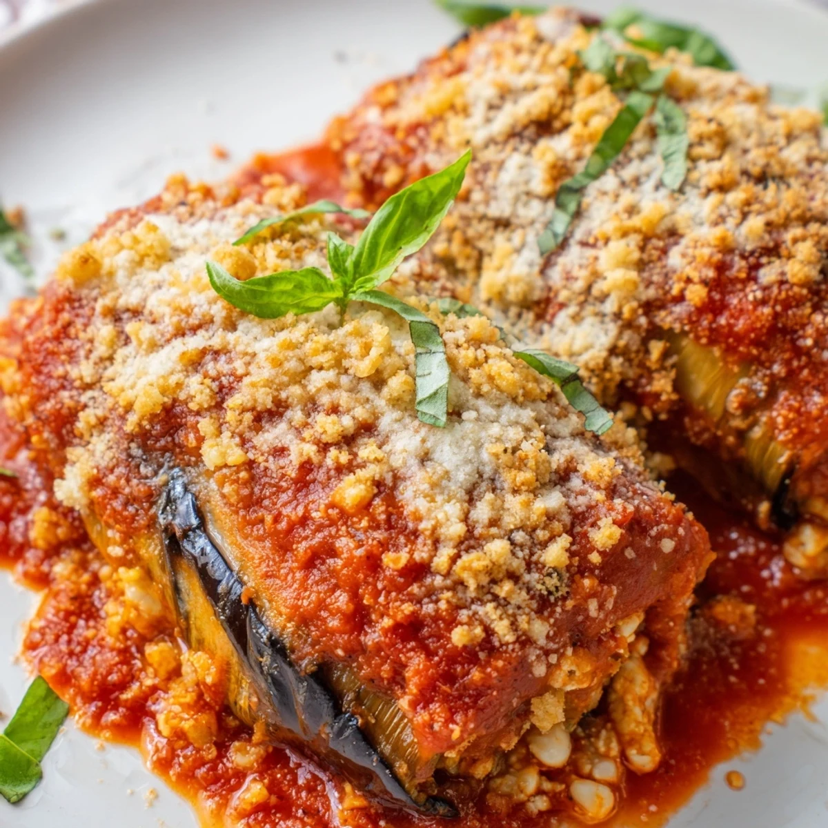 A close-up of baked eggplant rollatini shows golden mozzarella, fresh basil garnish, and bubbling marinara sauce in a ceramic dish.
