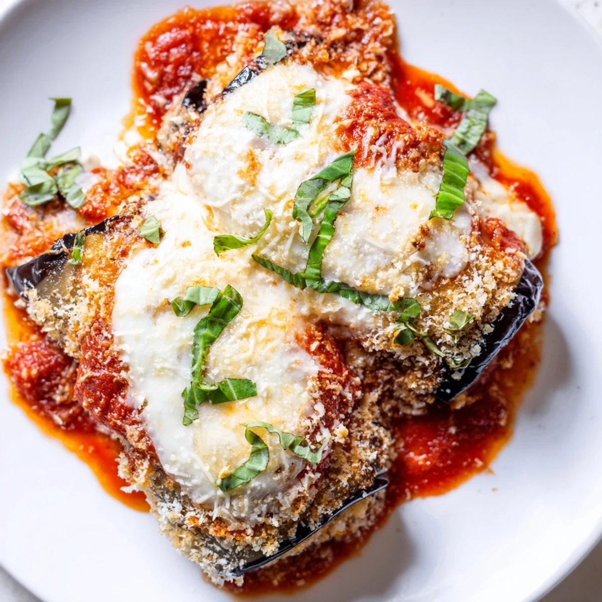 Golden baked eggplant rollatini topped with melted mozzarella and fresh basil, served with marinara sauce in a white baking dish.