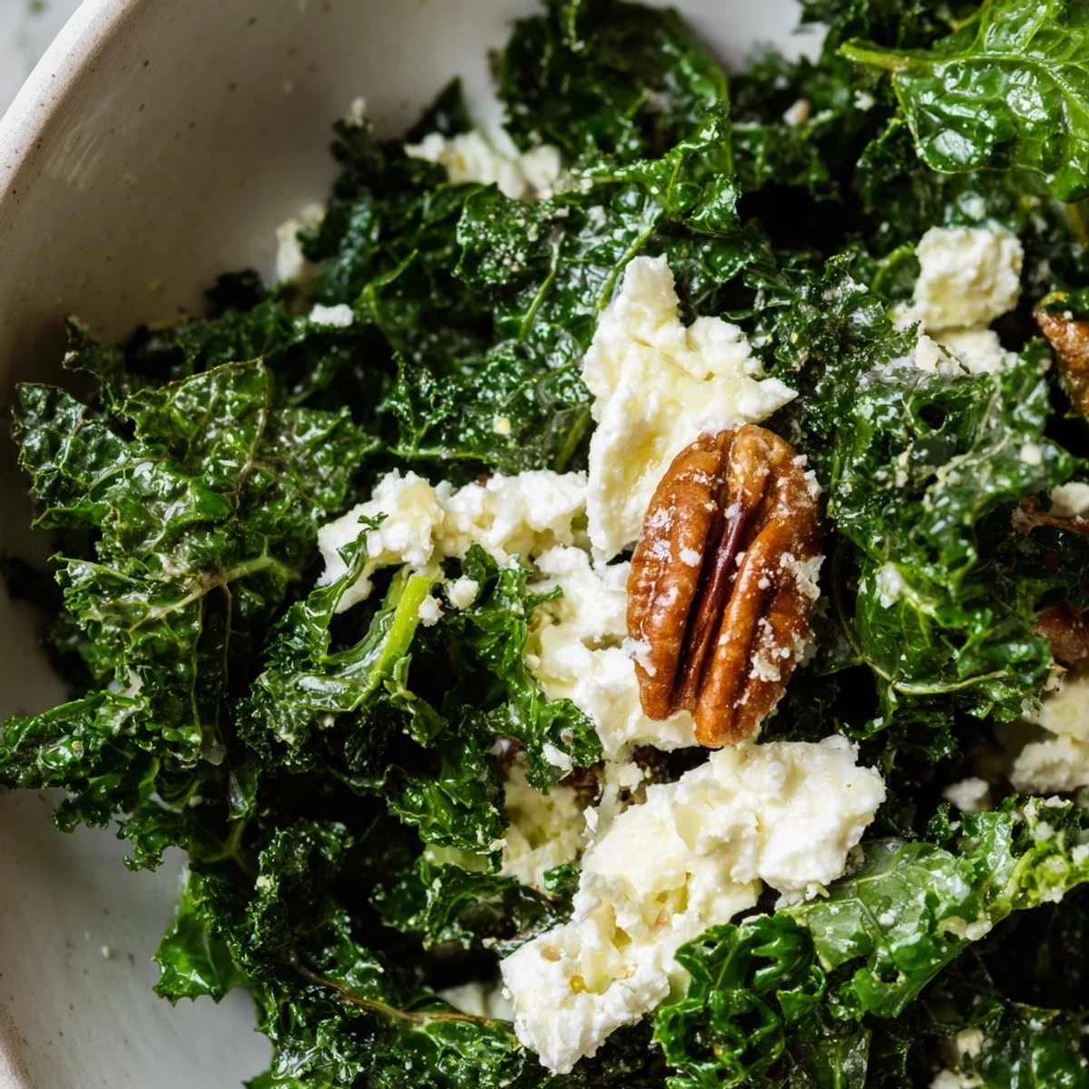 A bowl of Winter Kale Salad features vibrant green kale tossed with toasted pecans, sweet cranberries, and crumbled goat cheese.