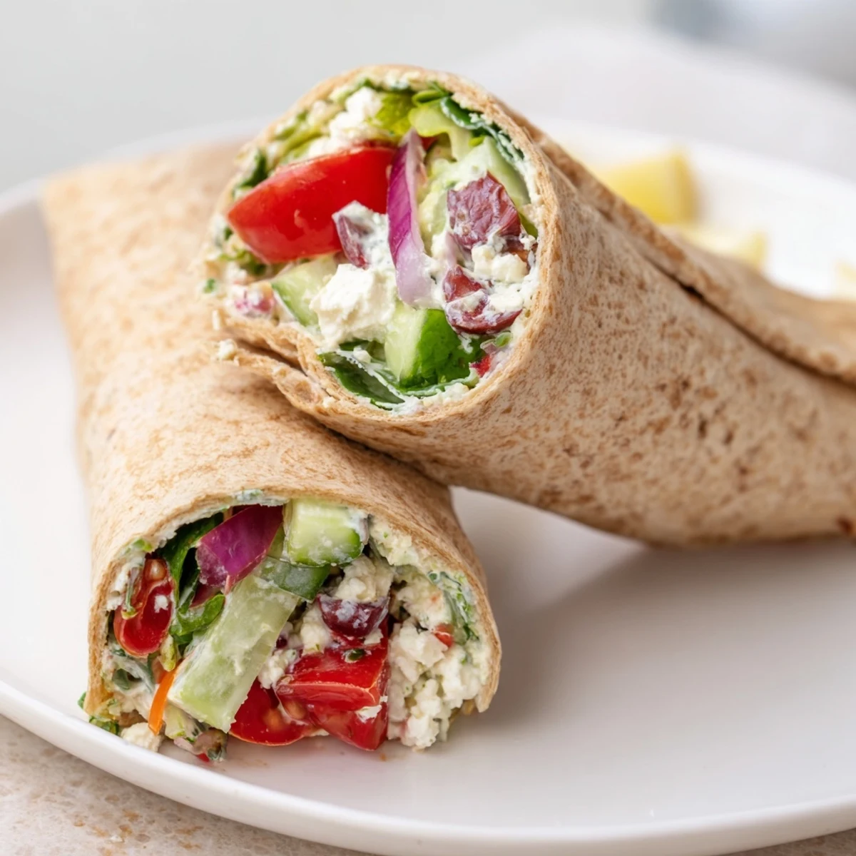 Fresh Mediterranean Sandwich Wrap with Veggies, stuffed with crisp cucumber, cherry tomatoes, and creamy feta on a whole wheat tortilla.