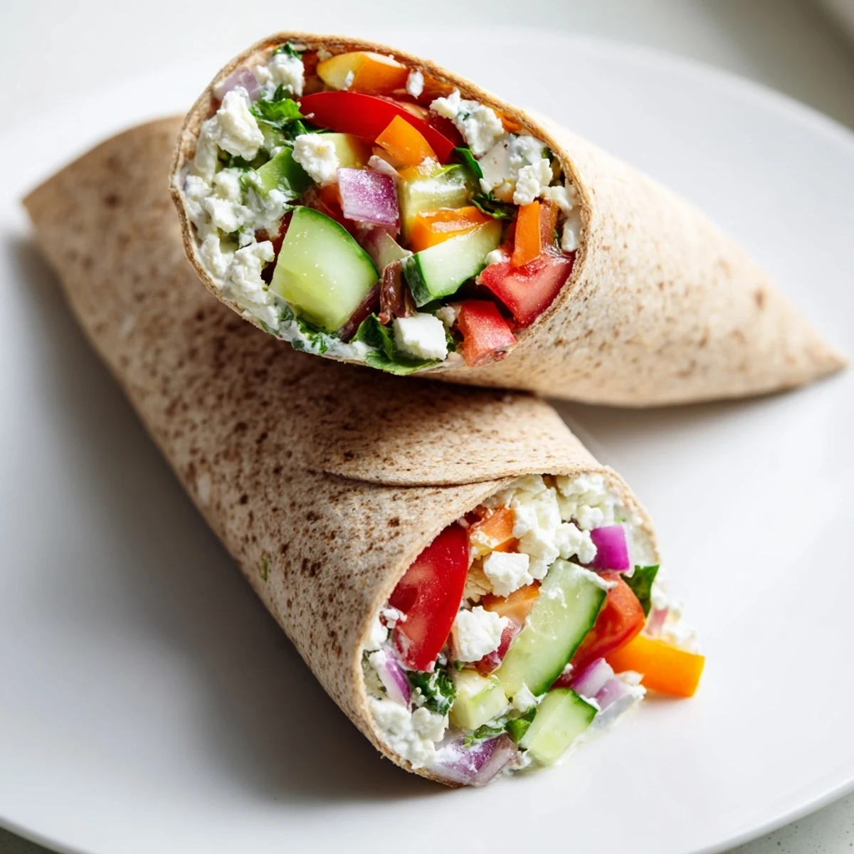 Sliced Mediterranean Sandwich Wrap with Veggies showing tangy yogurt sauce and vibrant red bell pepper on a rustic wooden serving board.