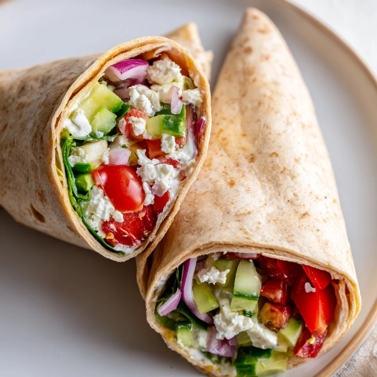 Wholesome Mediterranean Sandwich Wrap with Veggies cut diagonally, ready to eat with a side salad for a healthy vegetarian lunch.