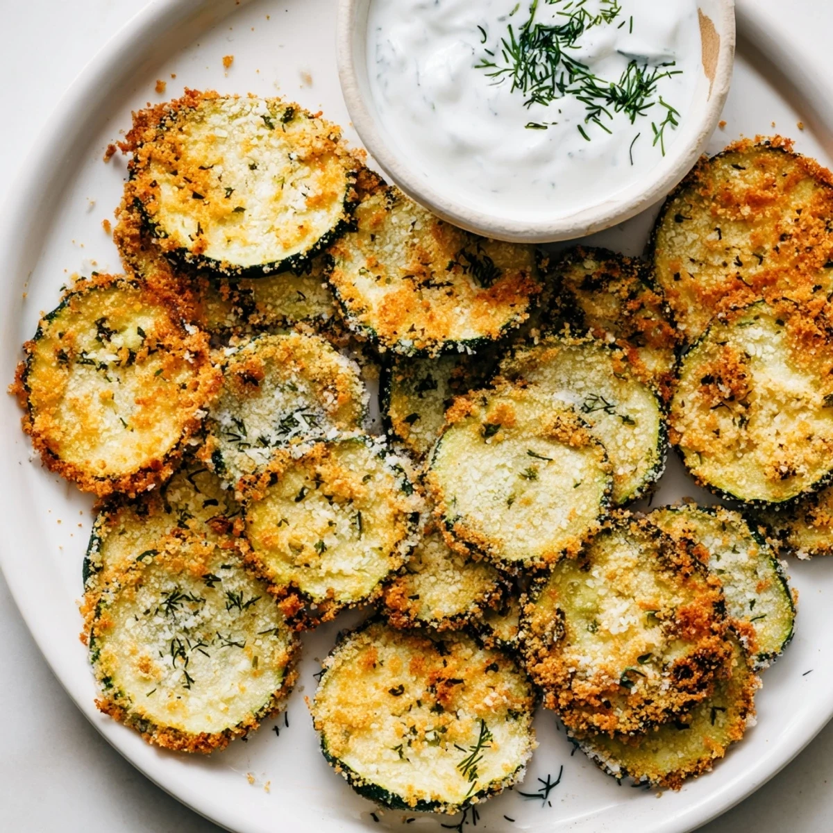 Freshly baked Crispy Zucchini Chips with Dip are arranged on a platter, featuring golden Parmesan-crusted slices beside a bowl of green herby yogurt. 