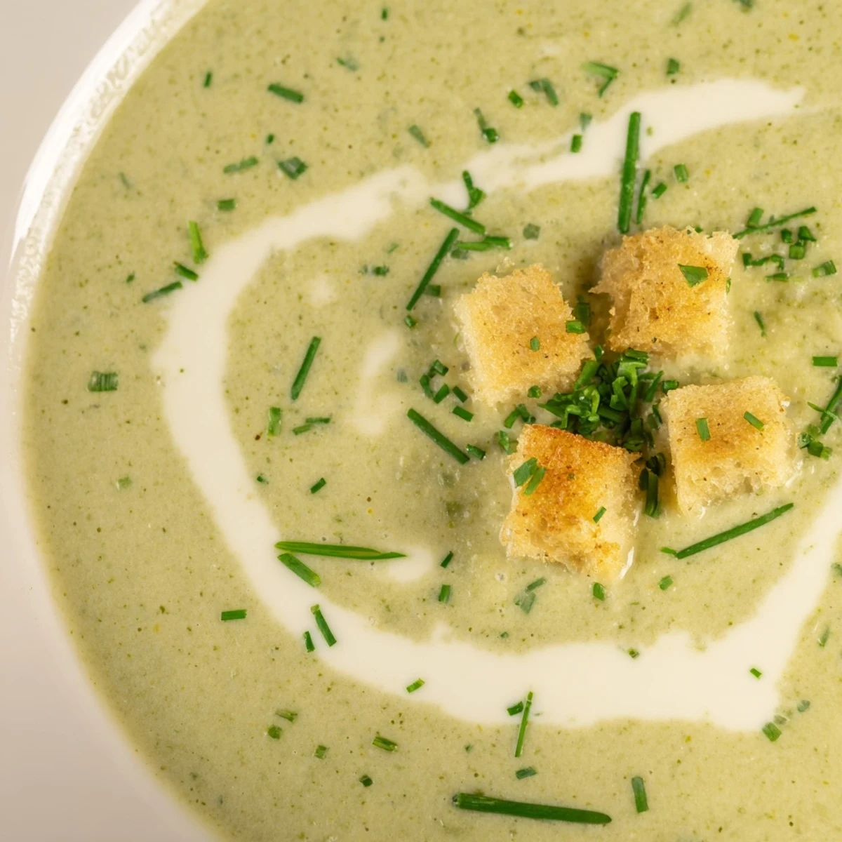 Creamy Broccoli Soup with Croutons in a rustic bowl, topped with golden croutons and fresh chives for a cozy meal.