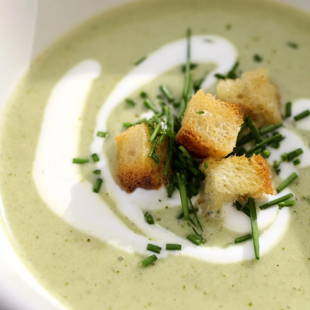 A spoon dipping into velvety Creamy Broccoli Soup with Croutons, steam rising beside crunchy homemade croutons and a sprinkle of parsley.