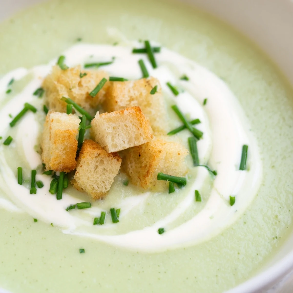 Vibrant green bowl of Creamy Broccoli Soup with Croutons, garnished with herbs, ready to serve with warm artisan bread.