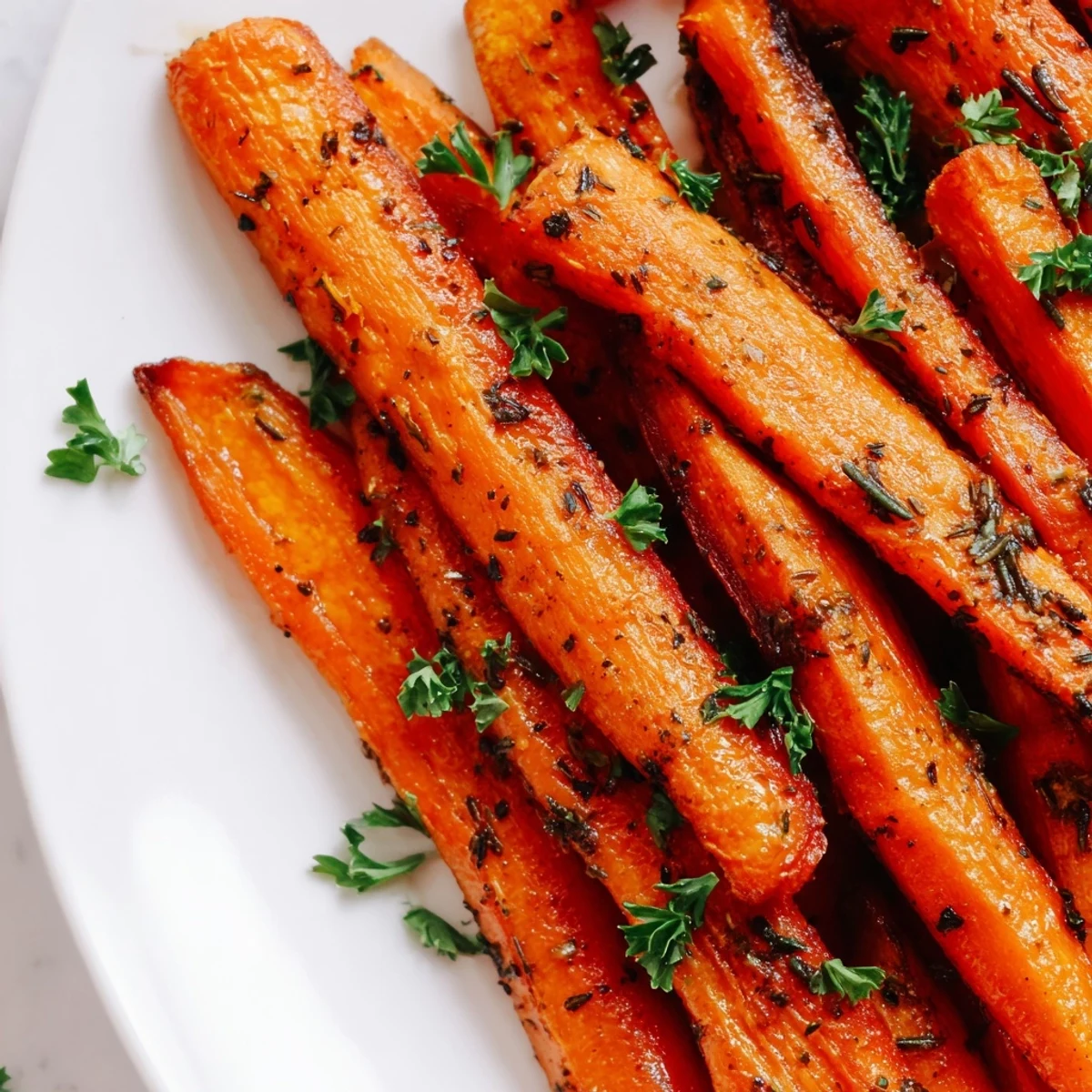 Golden roasted carrot sticks with herbs are arranged on a white plate next to a linen napkin and a glass of water.
