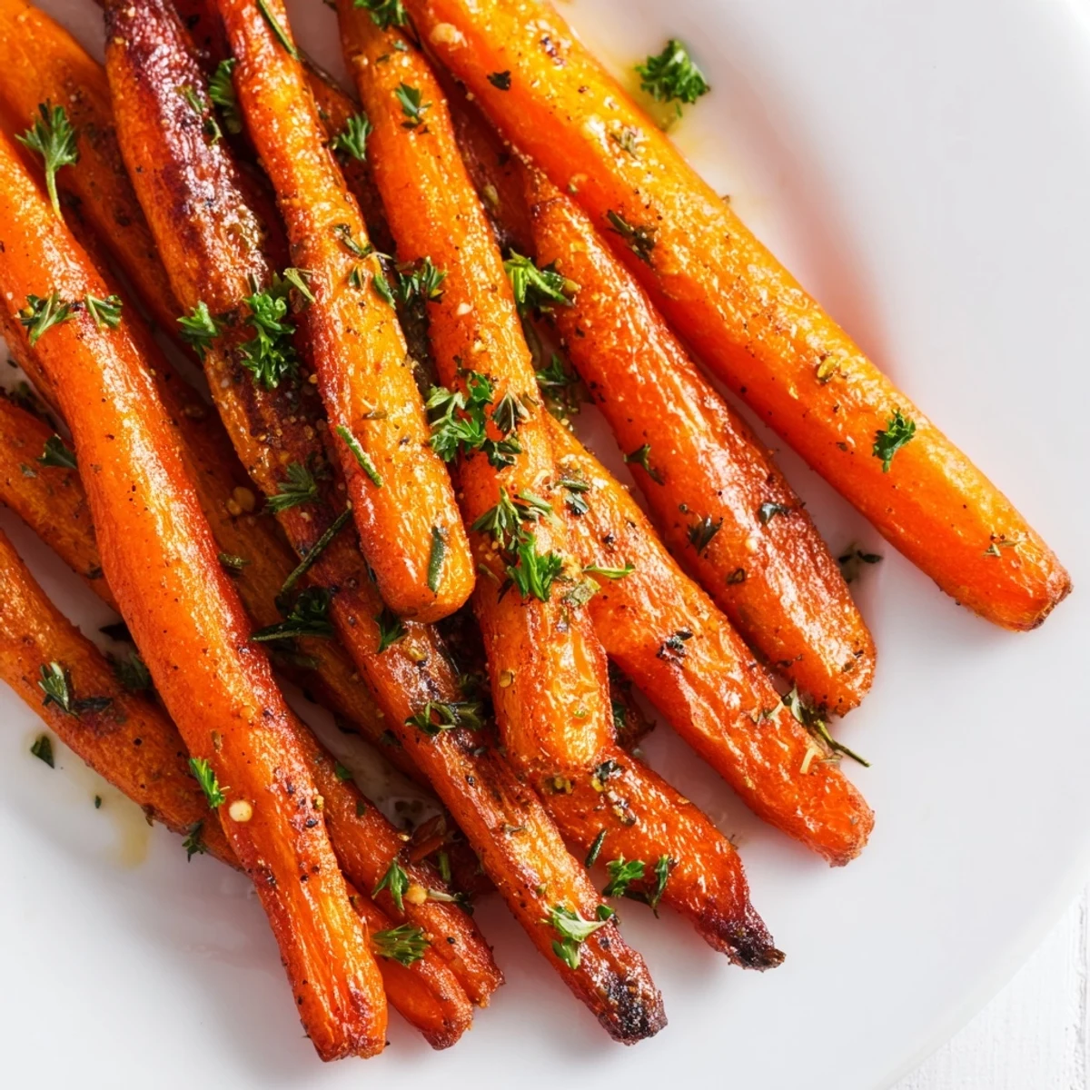 Freshly roasted carrot sticks with herbs glisten with olive oil on a parchment-lined baking sheet, still steaming.