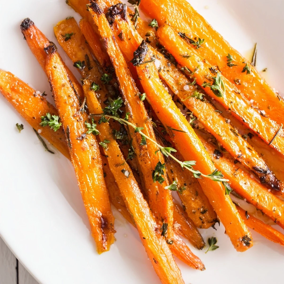 A close-up of roasted carrot sticks with herbs shows caramelized edges and fresh parsley garnish on a rustic wooden table.