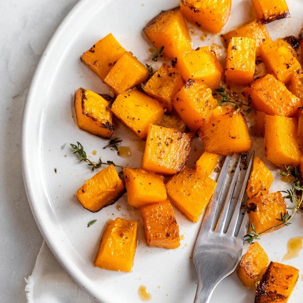 Golden roasted butternut squash cubes glistening with olive oil and thyme on a baking sheet, perfect for autumn dinners.