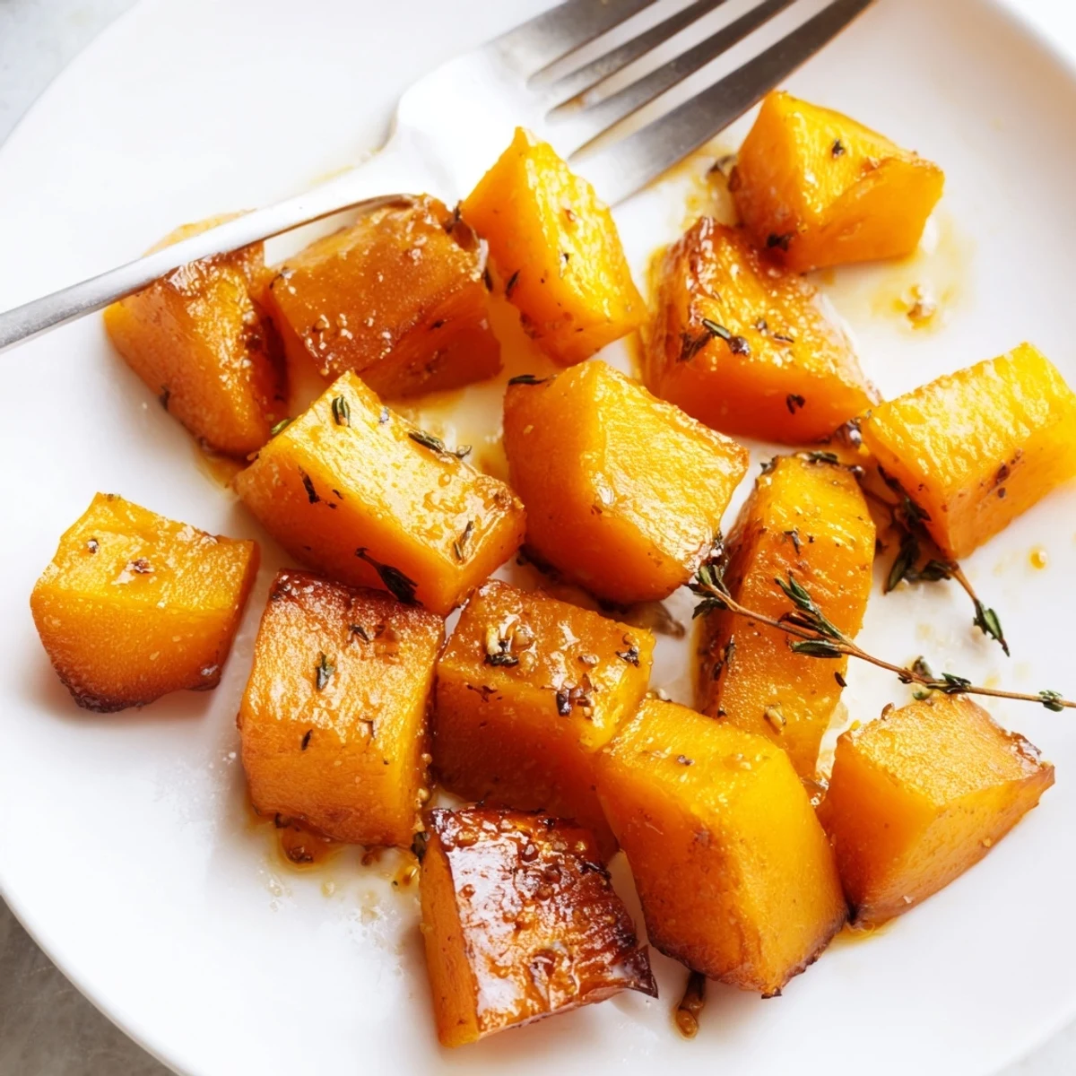 Roasted squash cubes fresh from the oven with a caramelized finish, ideal for a vegan side dish or holiday table.