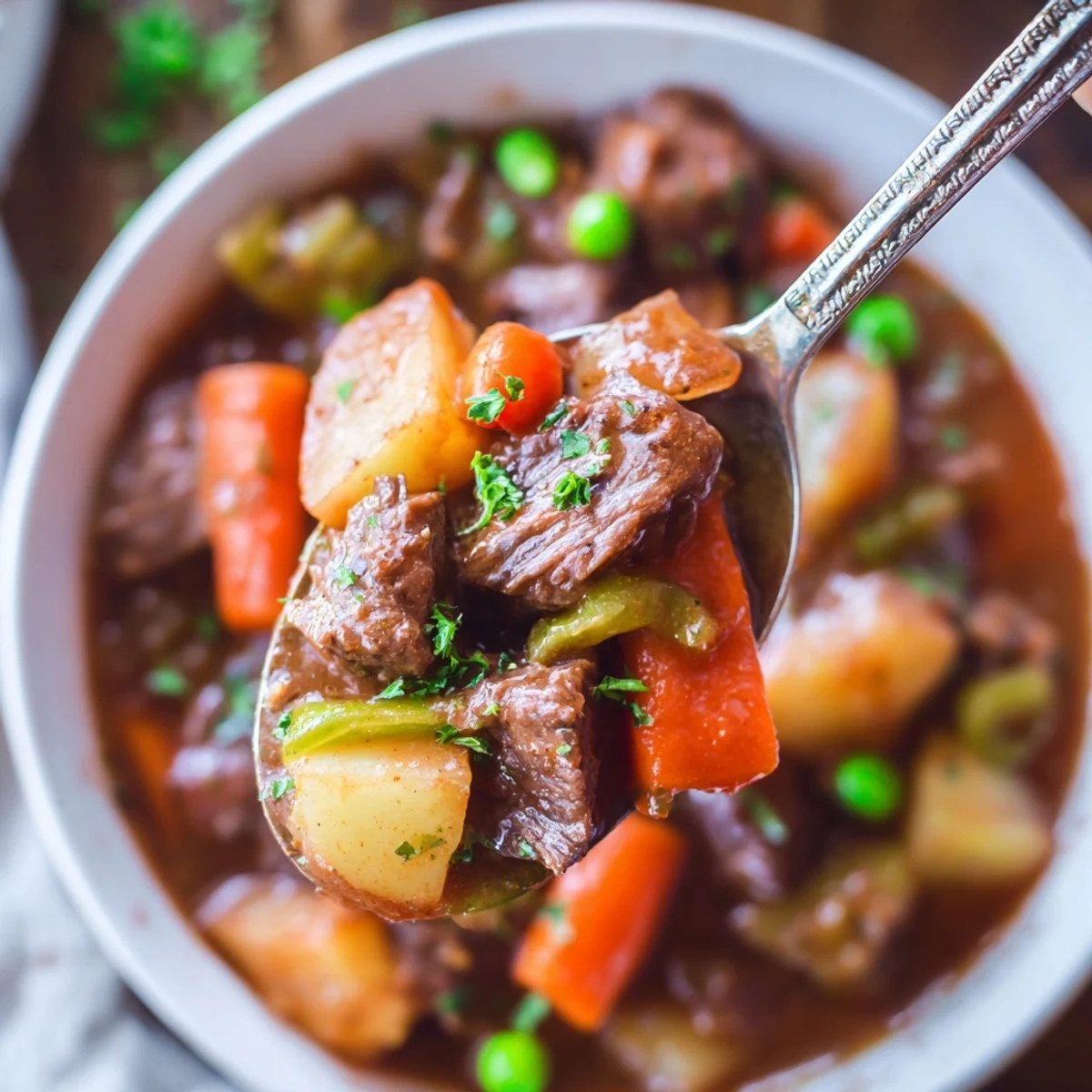 Steaming Slow Cooker Beef Stew fills a rustic ceramic bowl with tender beef chunks and colorful root vegetables.  