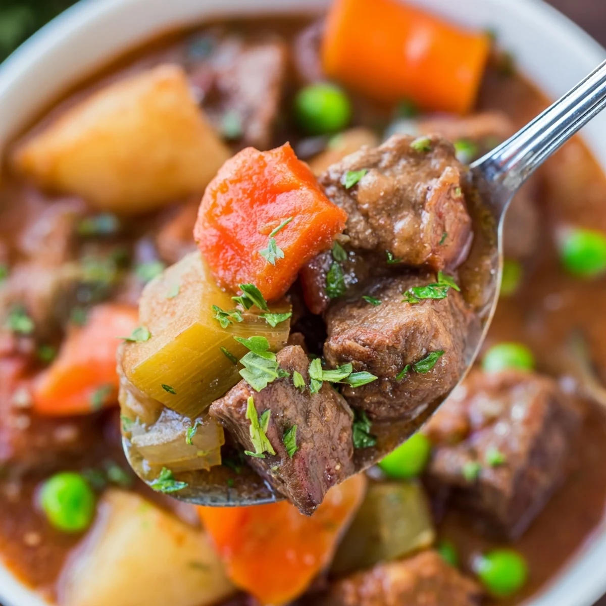 A hearty serving of Slow Cooker Beef Stew features shredded carrots and potatoes in a rich, dark broth.  