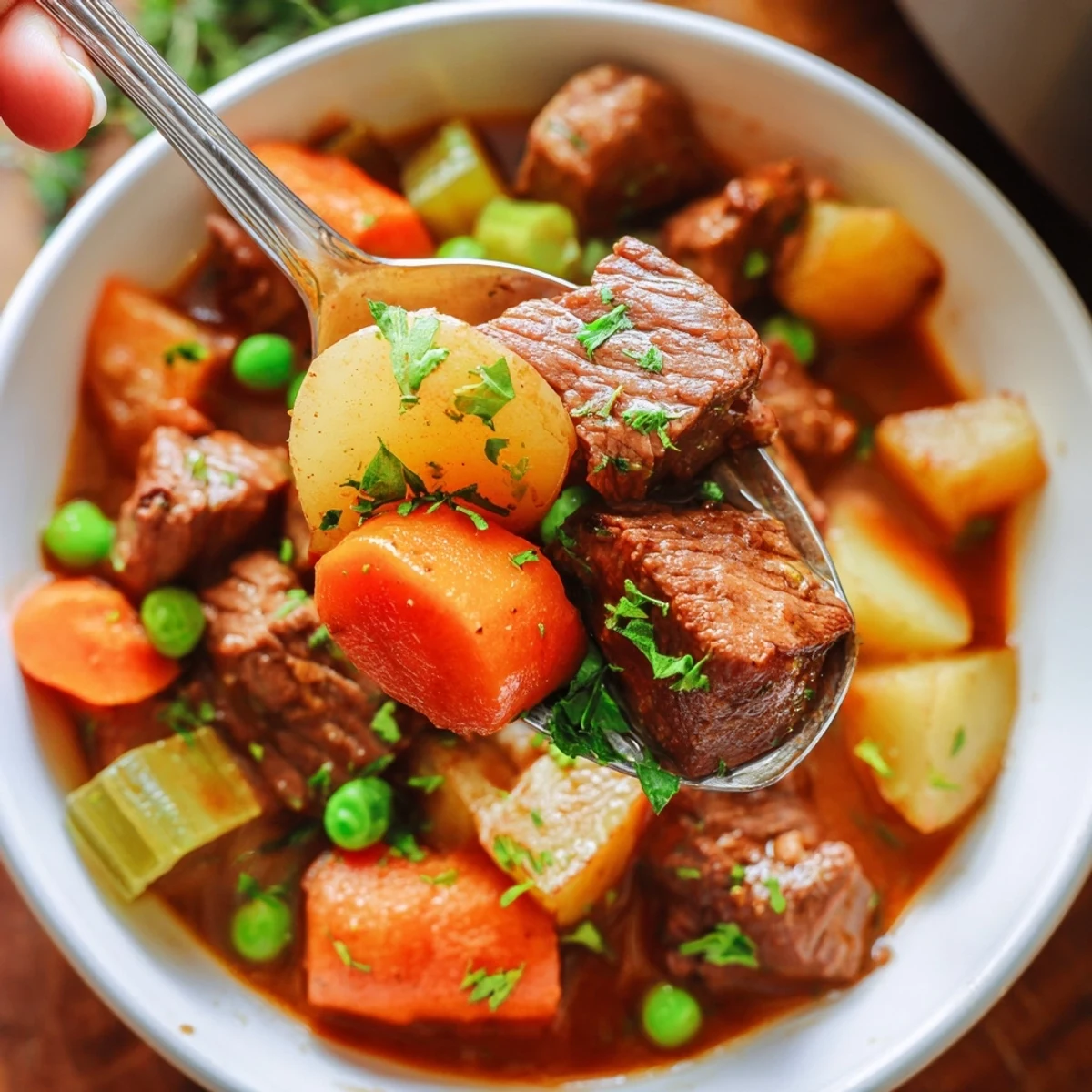 Close-up view of Slow Cooker Beef Stew with a ladle full, ready to serve over mashed potatoes.