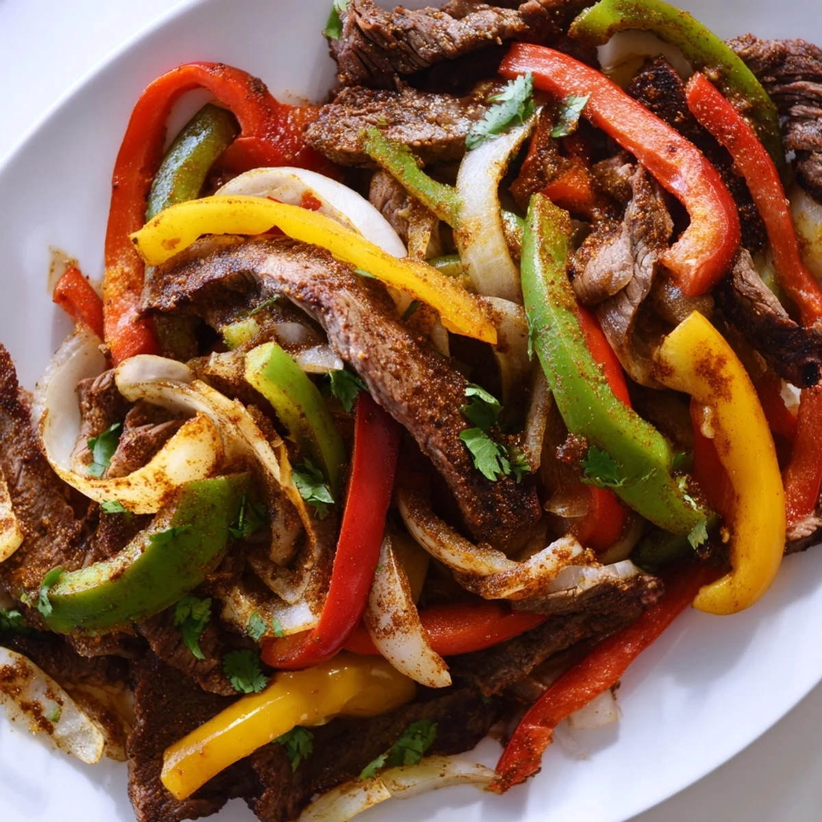 Beef Fajita Skillet sizzling with Tex-Mex spices, loaded with peppers and onions, topped with cilantro and lime for a vibrant meal.