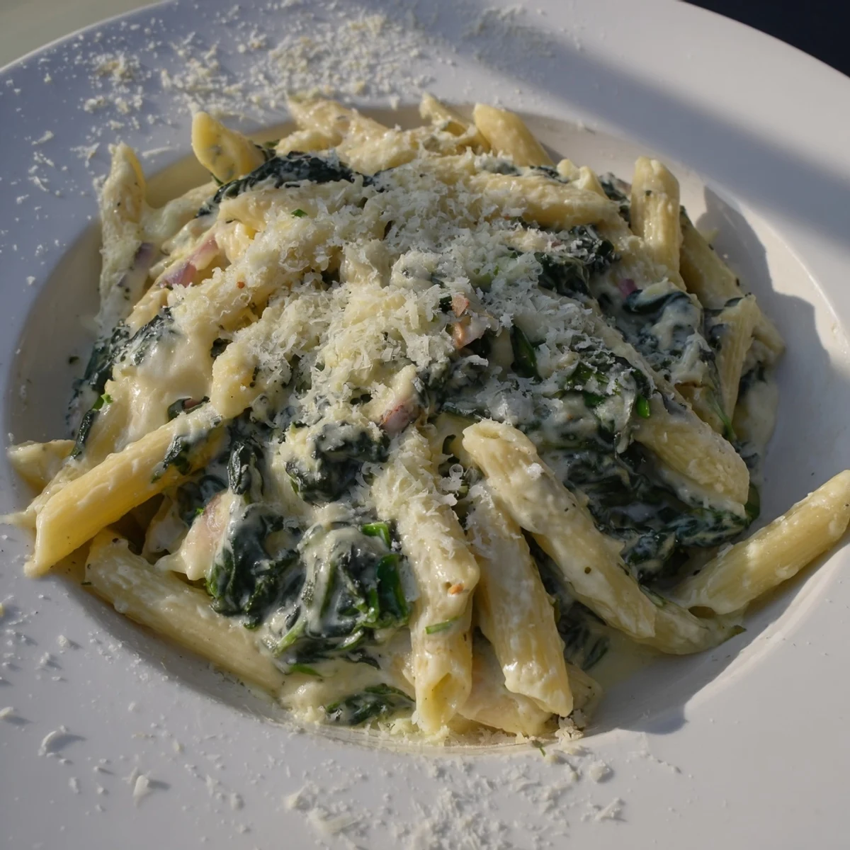Creamy spinach and cheese pasta in a rustic white bowl, topped with extra Parmesan and a sprinkle of black pepper.