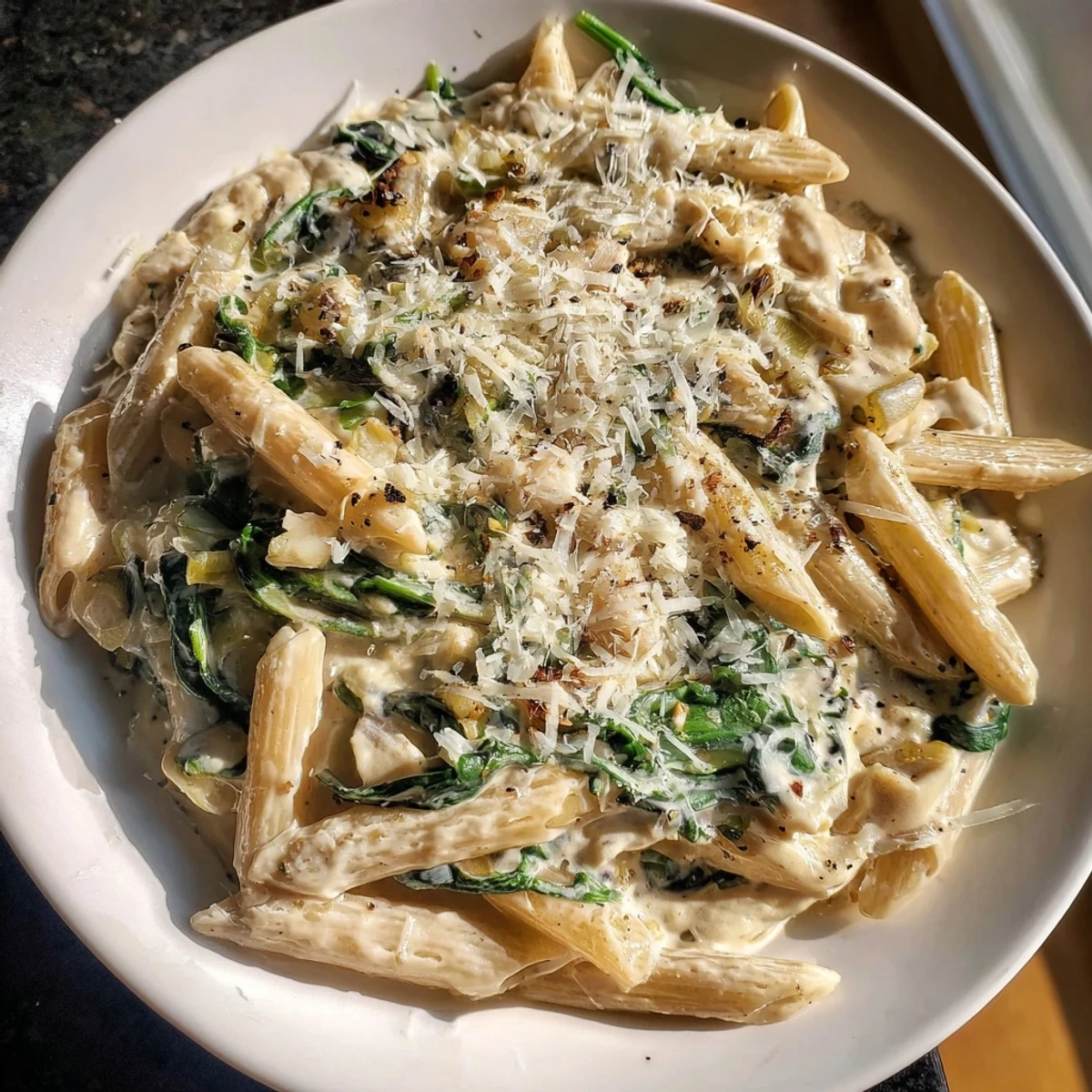Close-up of luscious creamy spinach and cheese pasta, with wilted greens and melted cheese clinging to penne.