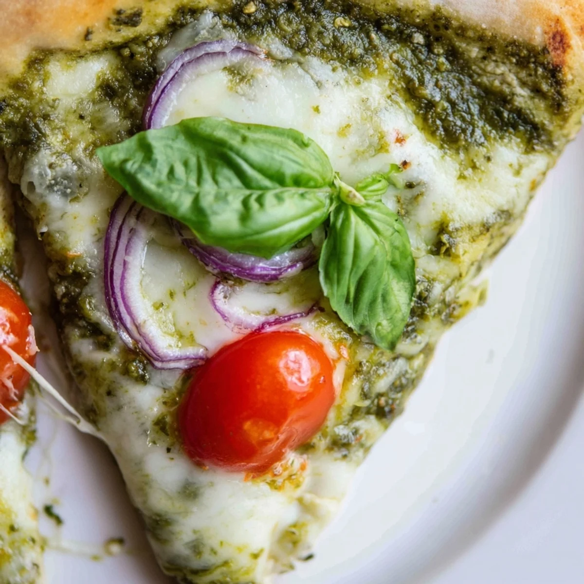 Golden-baked Green Pesto Pizza with mozzarella, topped with cherry tomatoes and fresh basil leaves.