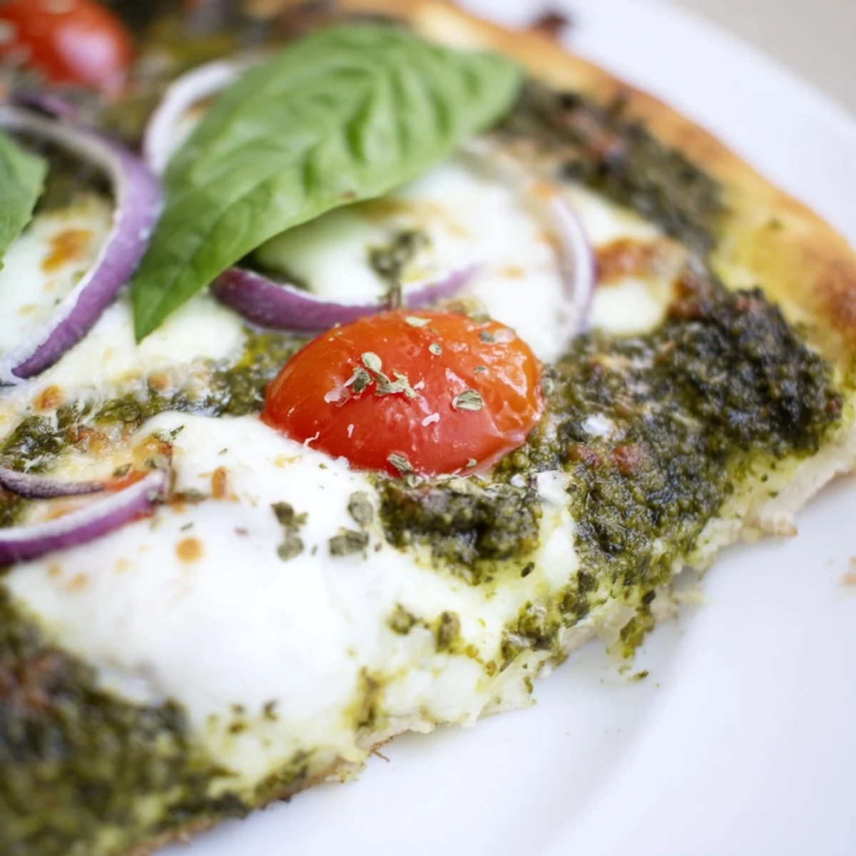 A close-up of Green Pesto Pizza, featuring bubbling mozzarella and vibrant red onions on a rustic crust.