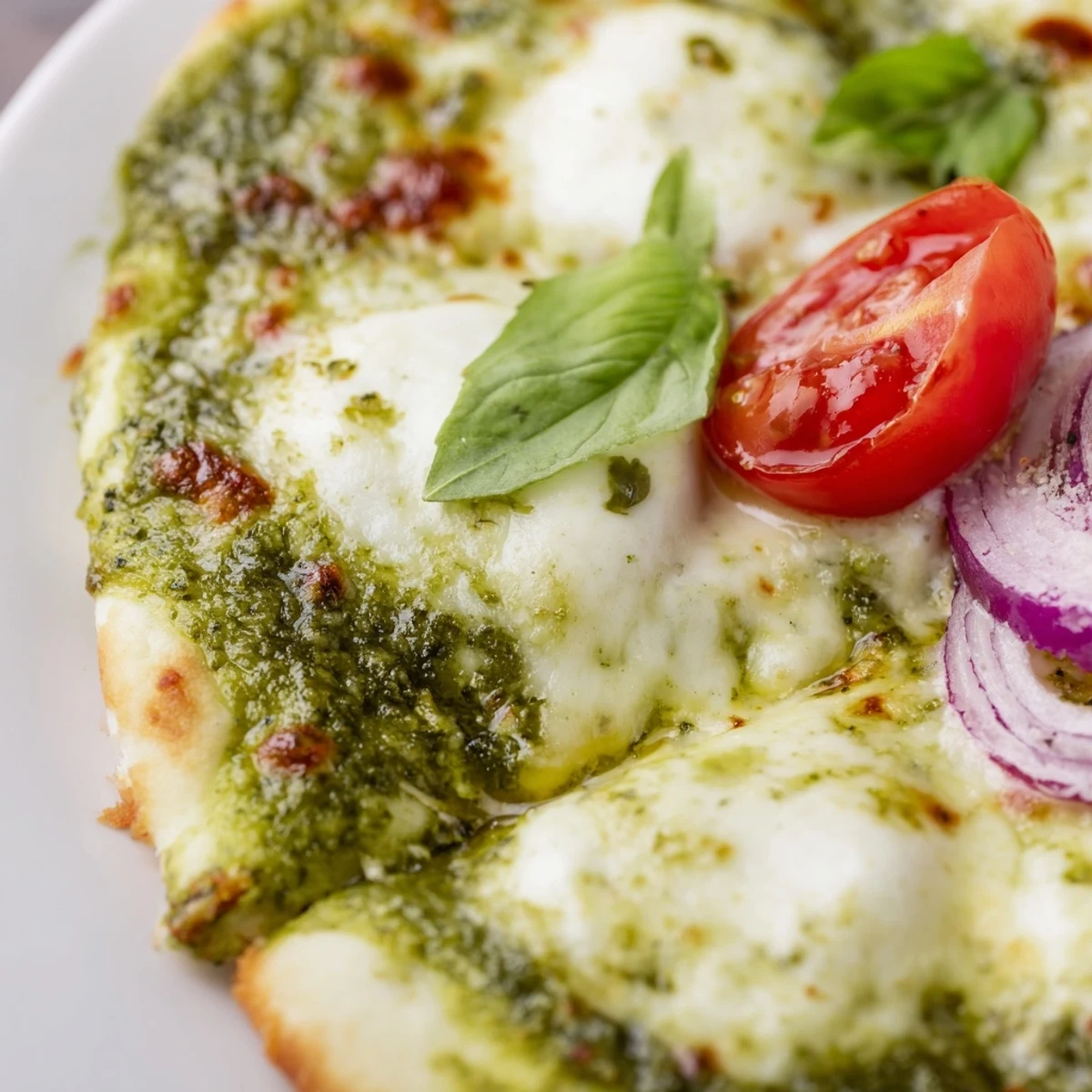 Slice of Green Pesto Pizza on a plate, drizzled with olive oil and served with a glass of white wine.