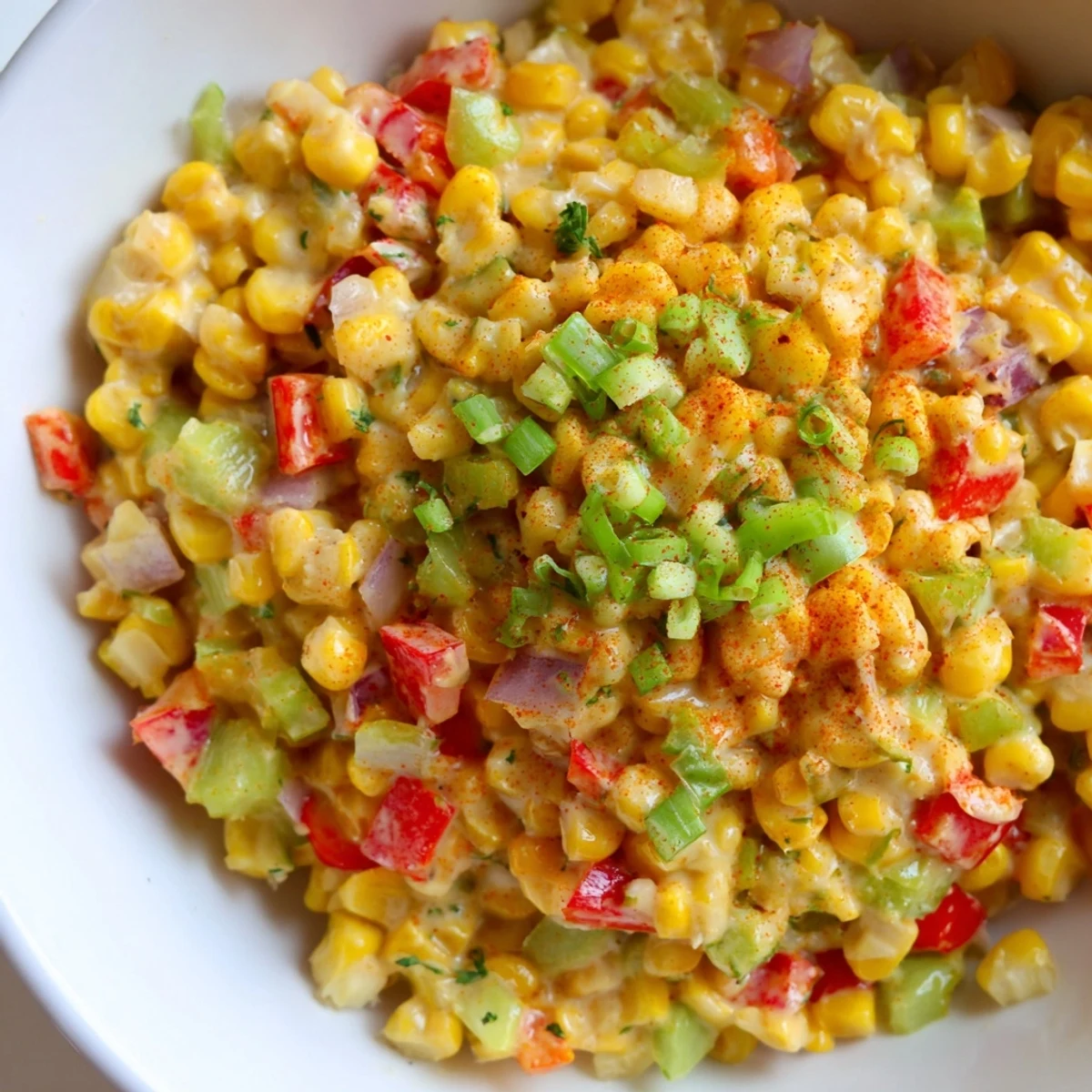 Hearty Mardi Gras Maque Choux Corn served hot in a skillet, garnished with fresh parsley and green onions beside grilled shrimp.