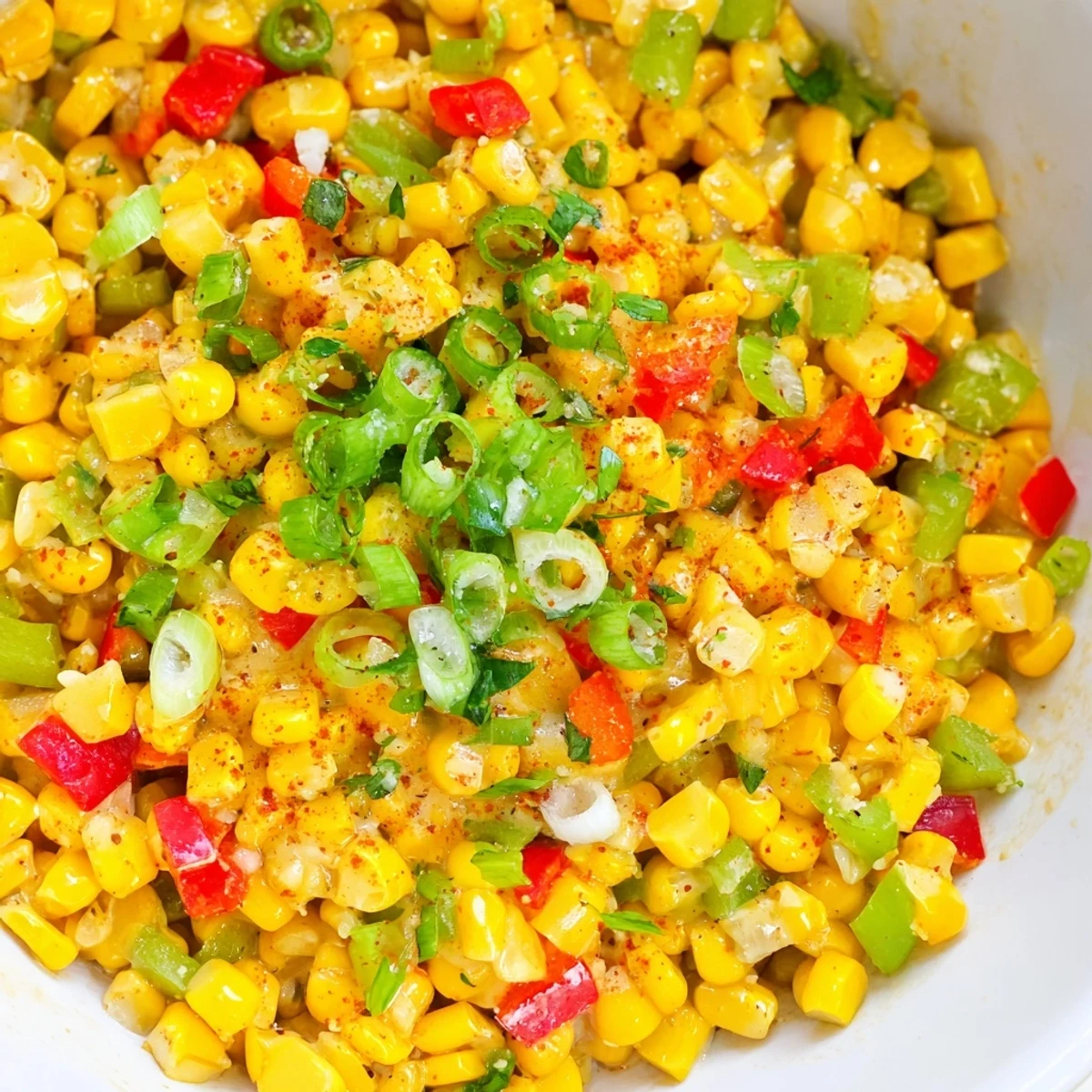 A vibrant bowl of Mardi Gras Maque Choux Corn, loaded with sautéed bell peppers and onions in a creamy, Cajun-spiced sauce.