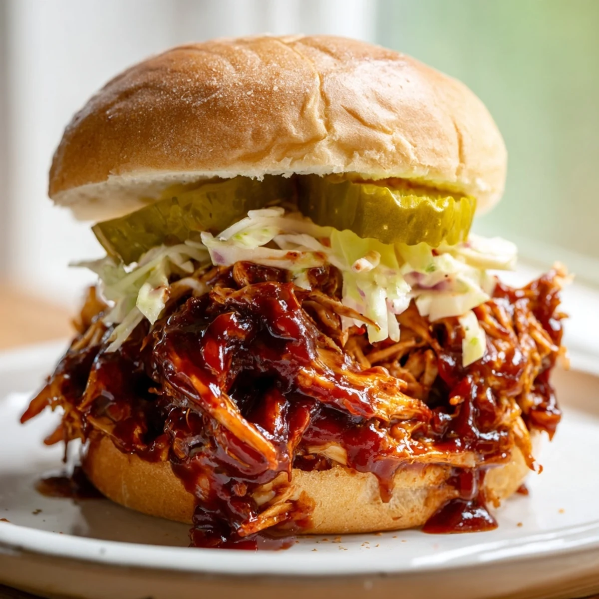 Golden BBQ pulled chicken sandwiches piled high with creamy coleslaw on a soft toasted bun, ready to serve.