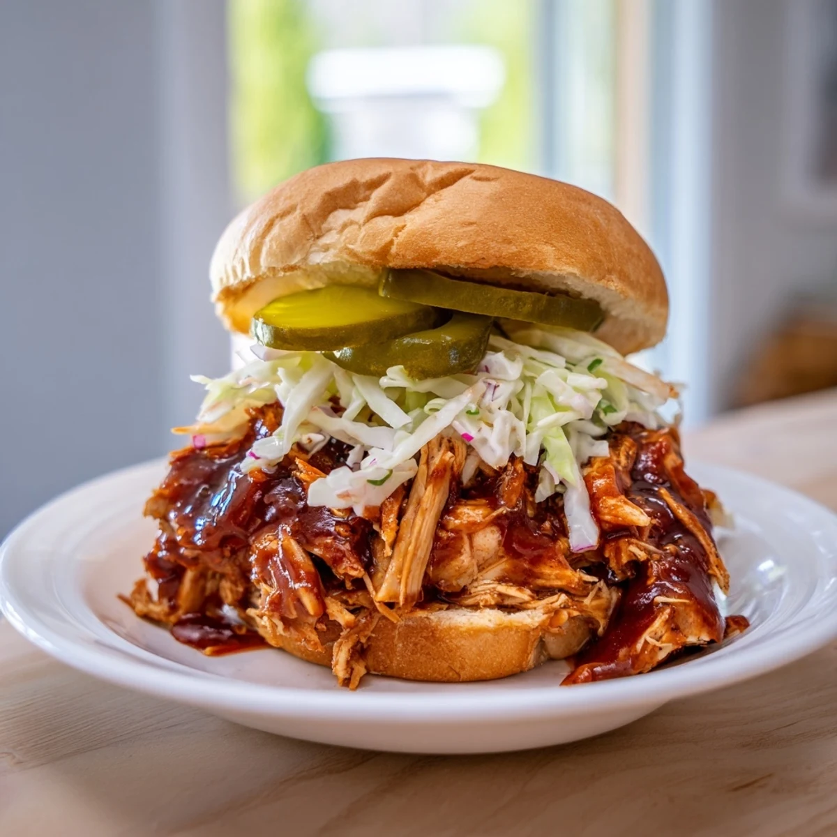 Tender pulled chicken smothered in smoky barbecue sauce, topped with crisp slaw on a fluffy hamburger bun.