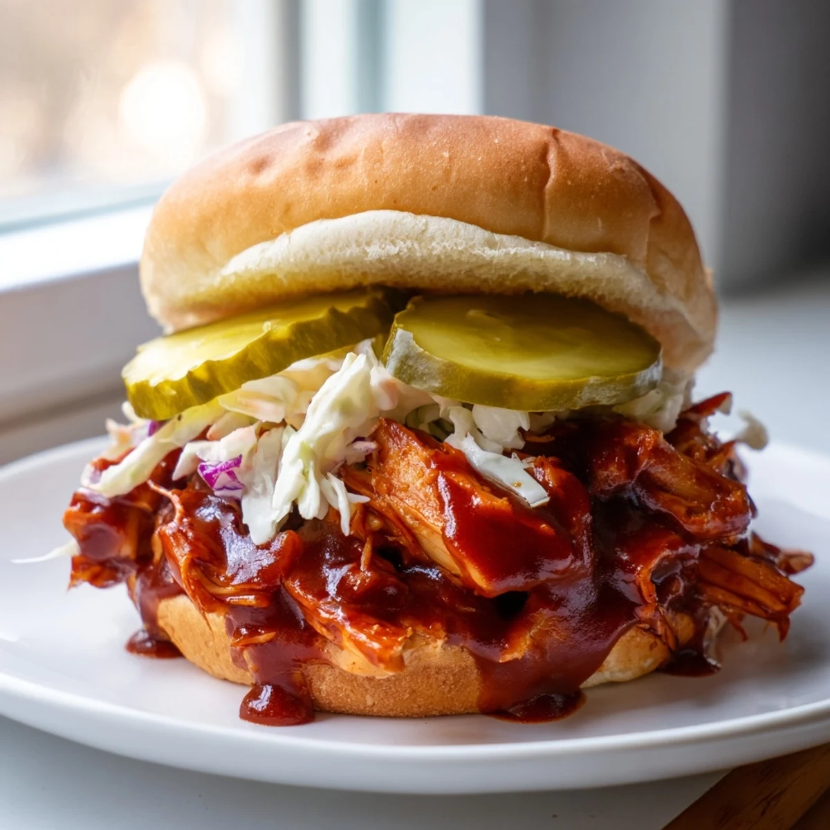 Close-up of MVP BBQ pulled chicken sandwiches with tangy barbecue sauce, coleslaw, and pickles on a soft bun.