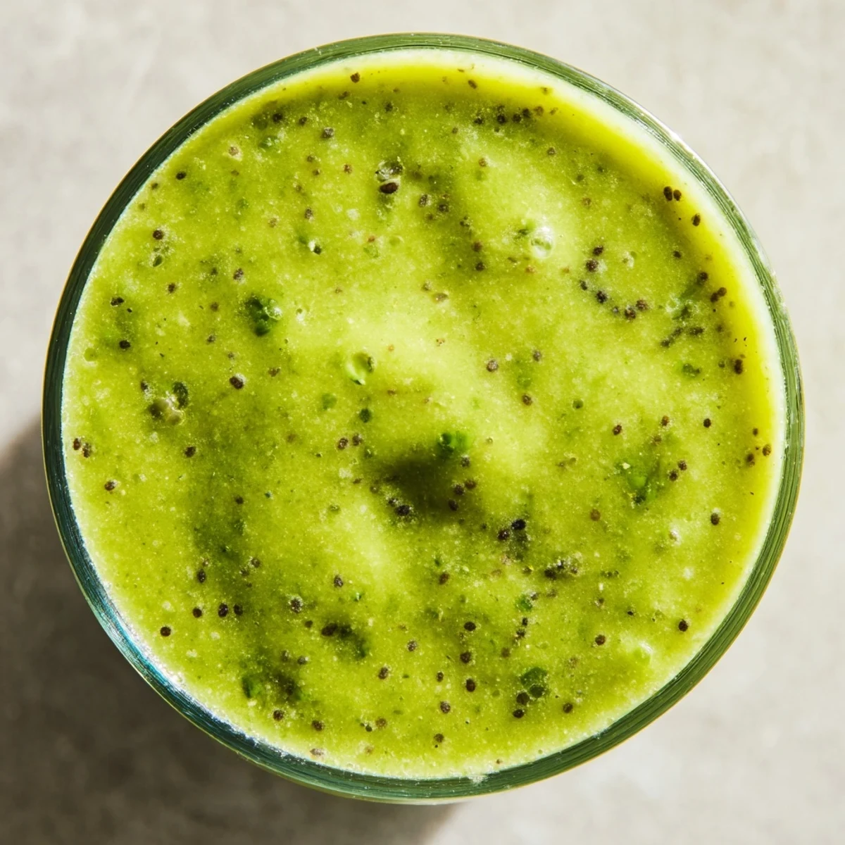 A tall glass of green smoothie with kiwi and spinach, blended creamy and vibrant for a refreshing sip.